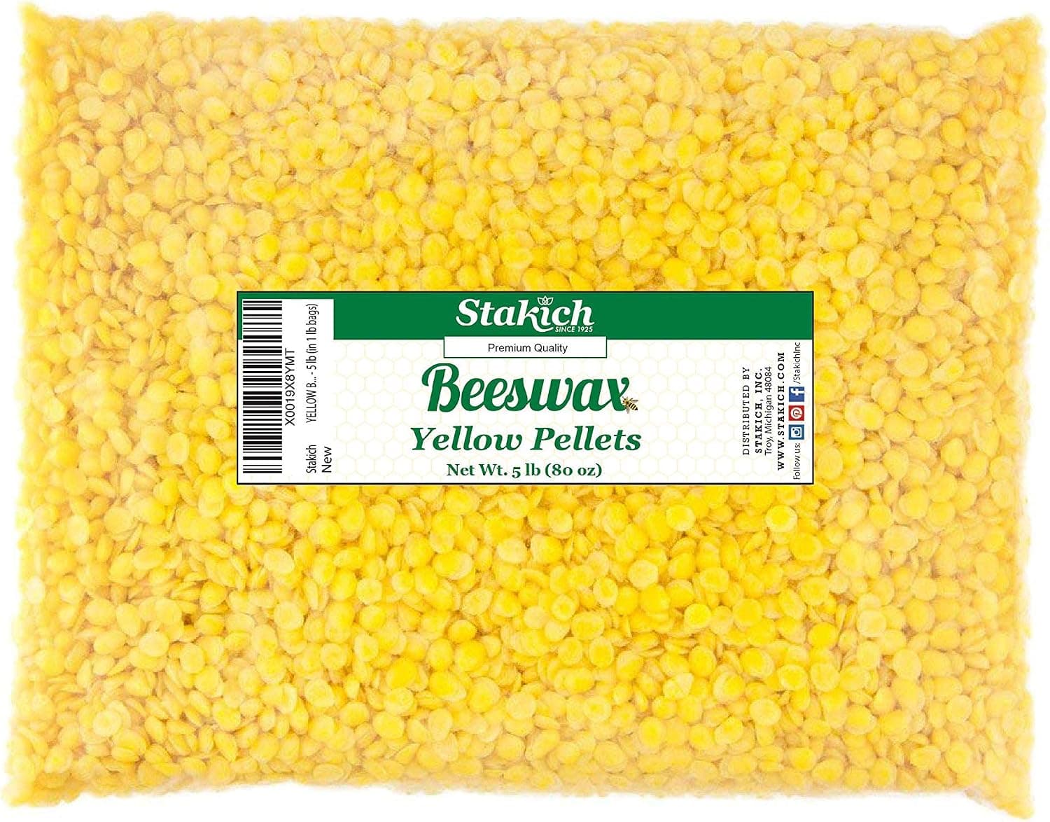 Stakich Yellow Beeswax Pellets, Natural Cosmetic Grade, 5 Pound in 1 Pound Bags