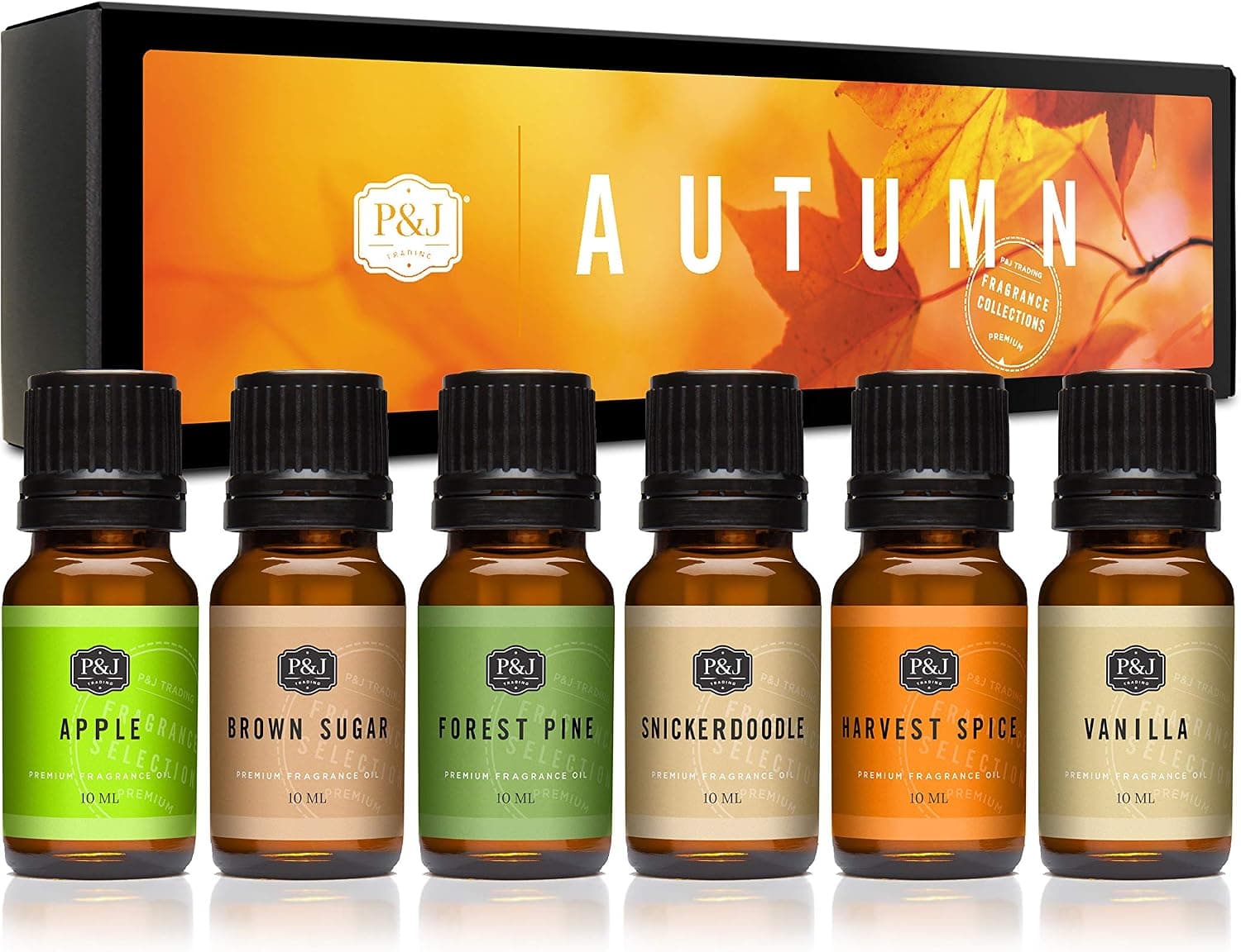 P&J Fragrance Oil Autumn Set - Brown Sugar, Apple, Harvest Spice, Vanilla, Forest Pine, and Snickerdoodle Candle Scents for Candle Making, Freshie, Soap Making Supplies