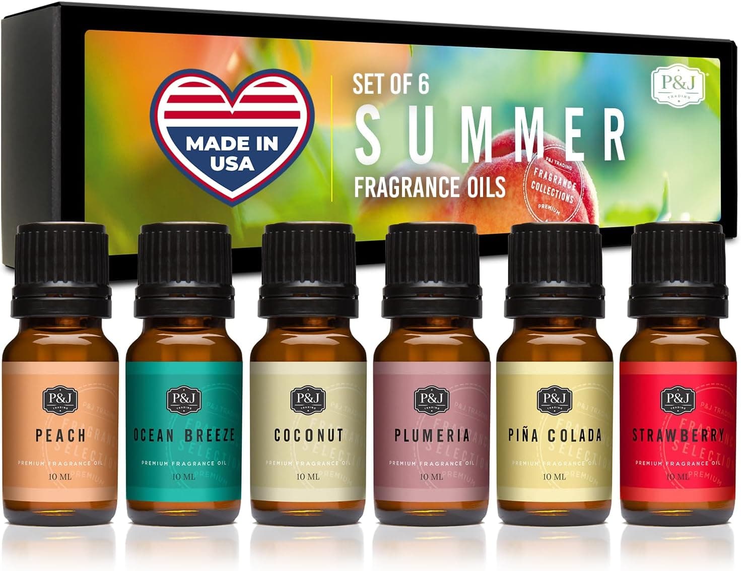P&J Trading Summer Set of 6 Fragrance Oils - Peach, Strawberry, Plumeria, Coconut, Ocean Breeze, Pina Colada Candle Scents, Soapmaking, Diffuser Oil