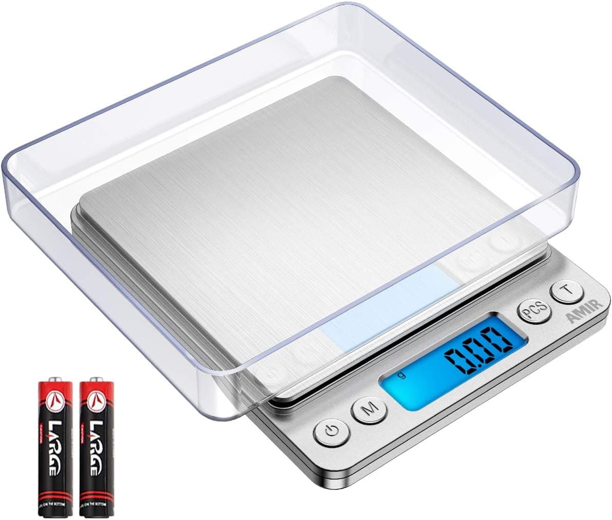 AMIR Digital Kitchen Scale, 500g Mini Pocket Jewelry Scale with Back-Lit LCD Display, 2 Trays, 6 Units, Tare