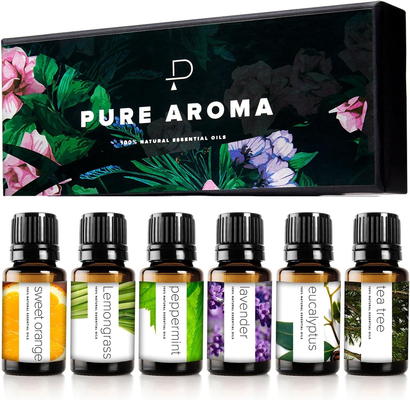 Essential Oils Set by Pure Aroma - Top 6 Aromatherapy Oils Gift Set - 6 Pack, 10ml (Eucalyptus, Lavender, Lemongrass, Sweet Orange, Peppermint, Tea Tree)