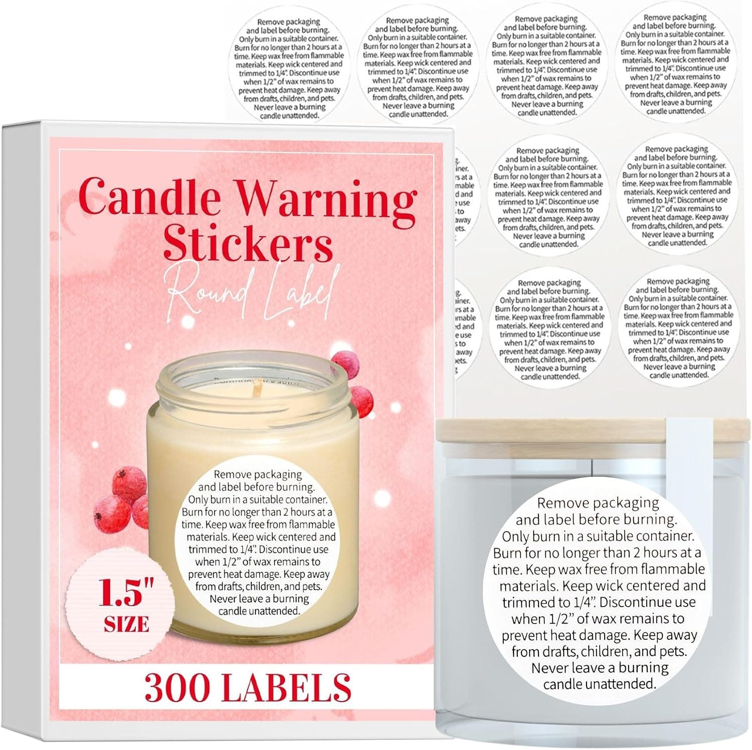 Candle Warning Stickers for Candle Jars, Tins and Votives, Black and White Text, 1.5 in Round - 300 Labels per Pack by Toucan Craft Supplies