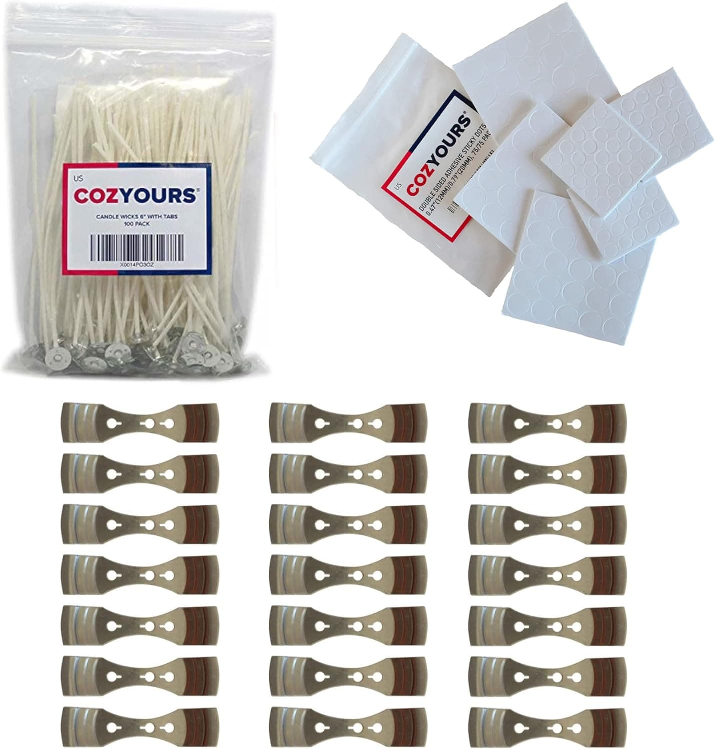Cozyours 6 inch Cotton Wicks for Candle Making, 100 pcs with 21 Metal Centering Devices and 150 Wick Stickers