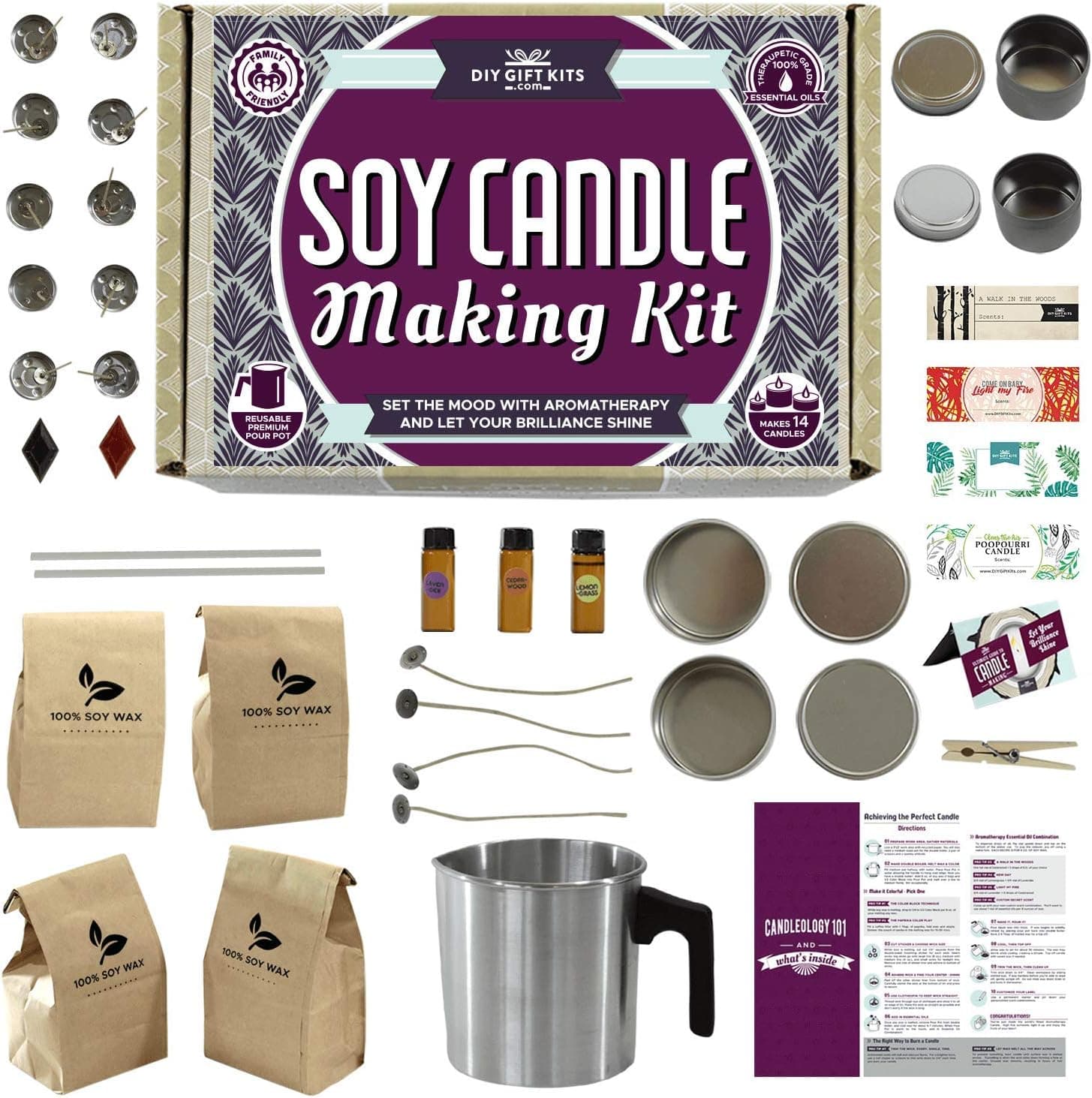 DIY Gift Kits Soy Candle Making Kit - Complete Starter Kit with 3 Essential Oils and Pouring Pot - 49 Piece Set, Burgundy, Round