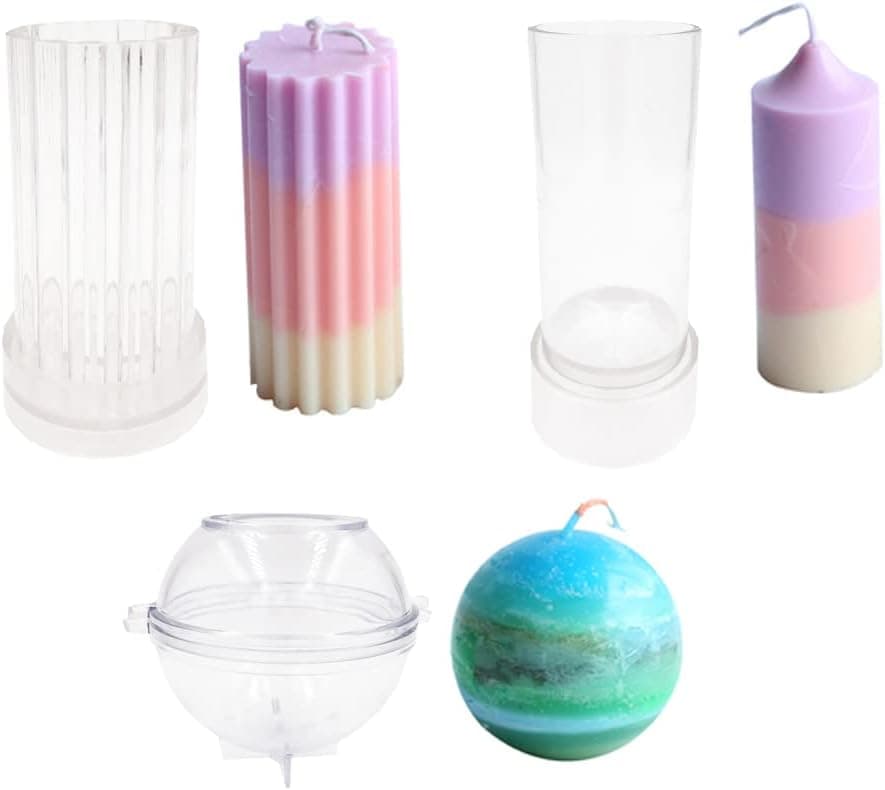 Candle Molds for Candle Making Plastic Pillar Candle Making Kit Ball Sphere Mold Large Cylinder Rib Candle Making Molds DIY Candle Making Supplies Set of 3 PCS
