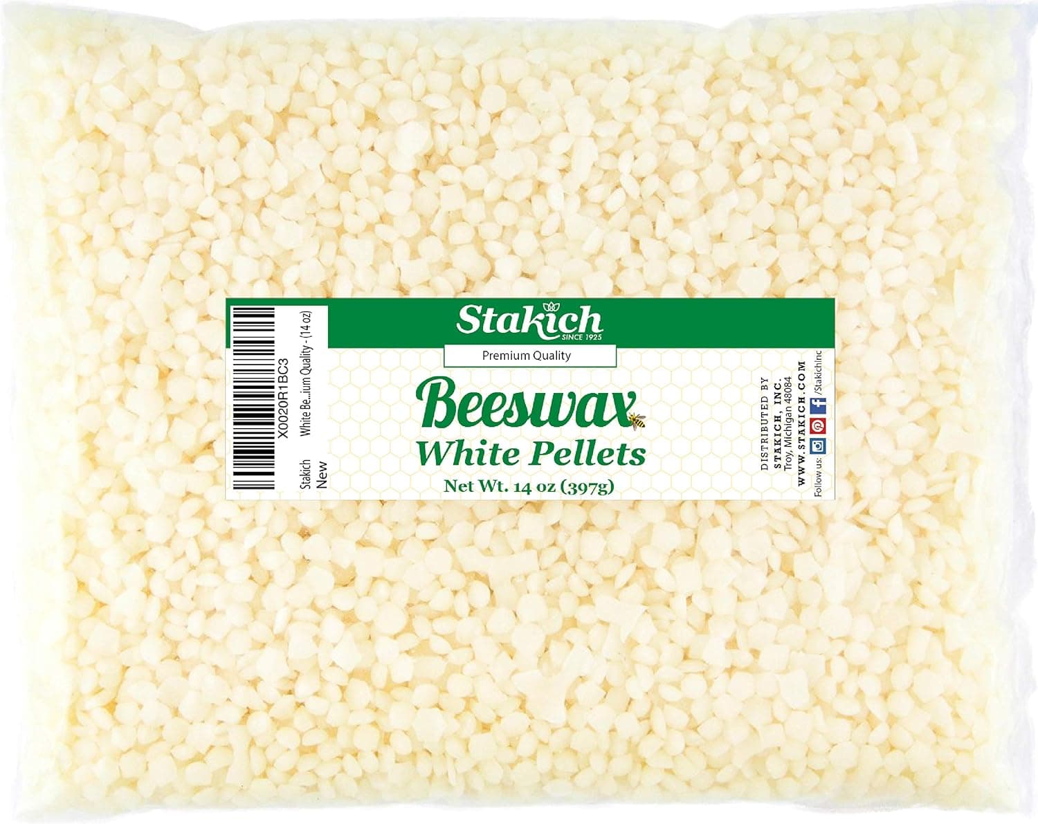 Stakich White Beeswax Pellets, Natural Cosmetic Grade, Premium Quality, 14 oz