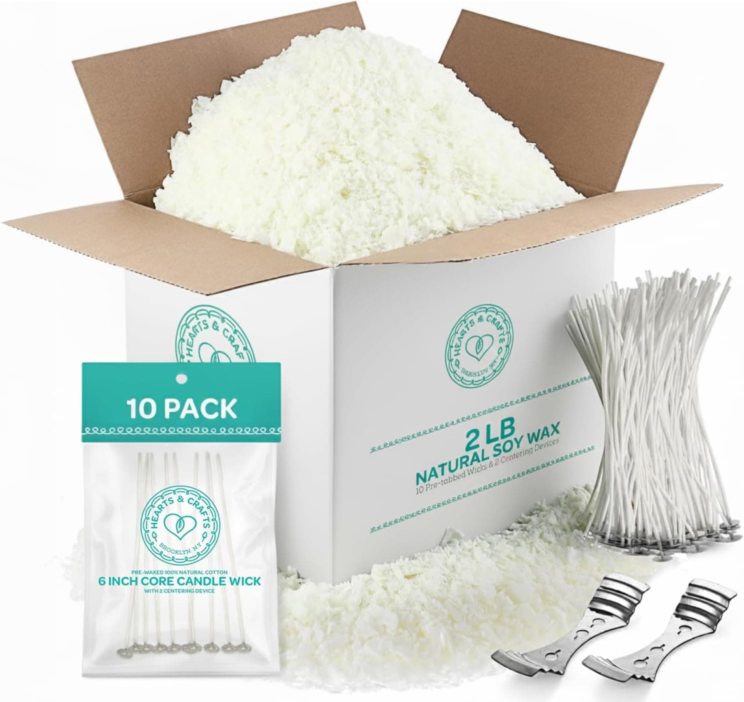 Hearts and Crafts Soy Wax for Candle Making 2lb Kit with 10 Wicks and 2 Metal Centering Devices