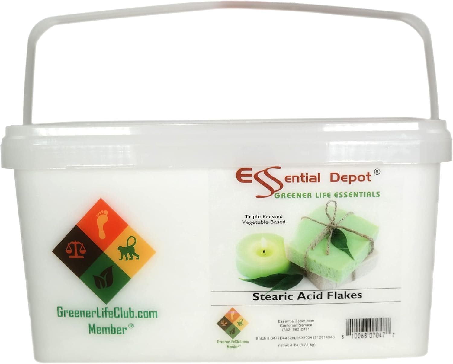 Essential Depot Stearic Acid - Triple Pressed - Vegetable Based - White Flakes - 4 lbs. Net Wt with Resealable Lid