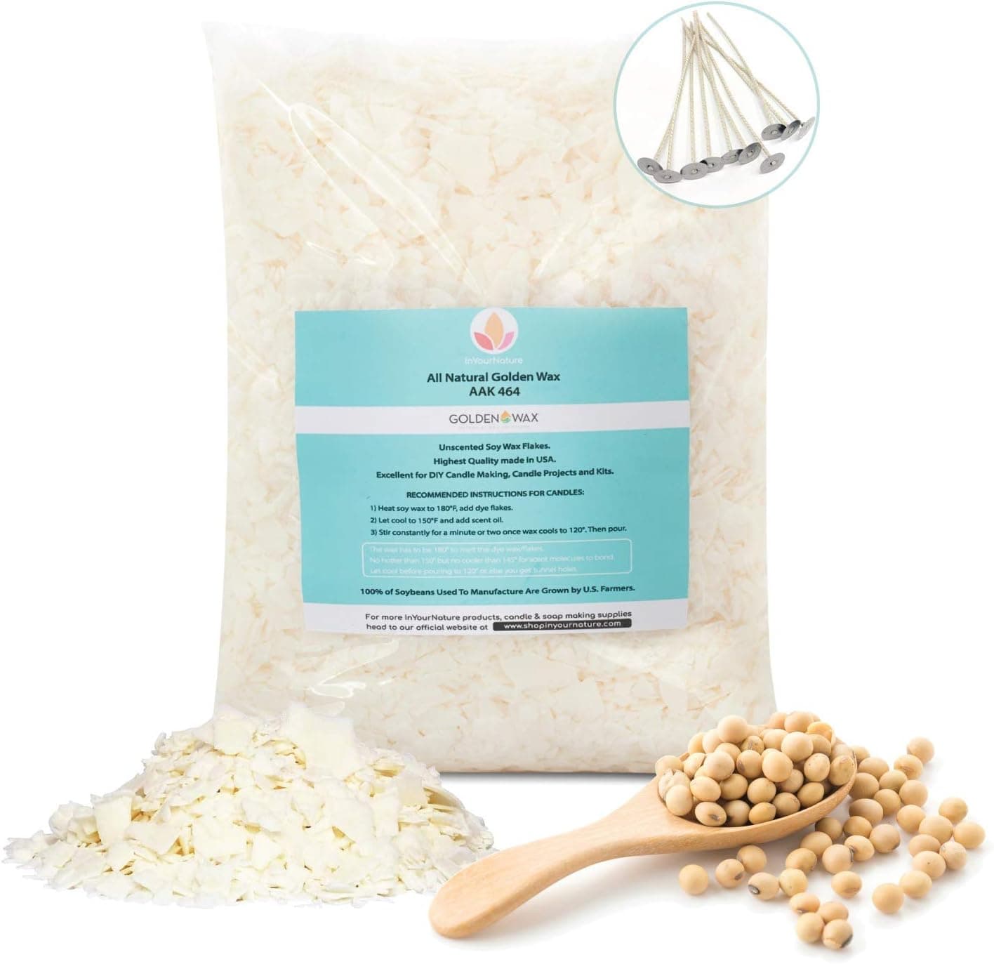 Golden Brands 464 Soy Wax, 10lb Bag, Natural Soy Wax Flakes for Candle Making, Includes 10 Pre-Waxed Cotton Wicks, by InYourNature