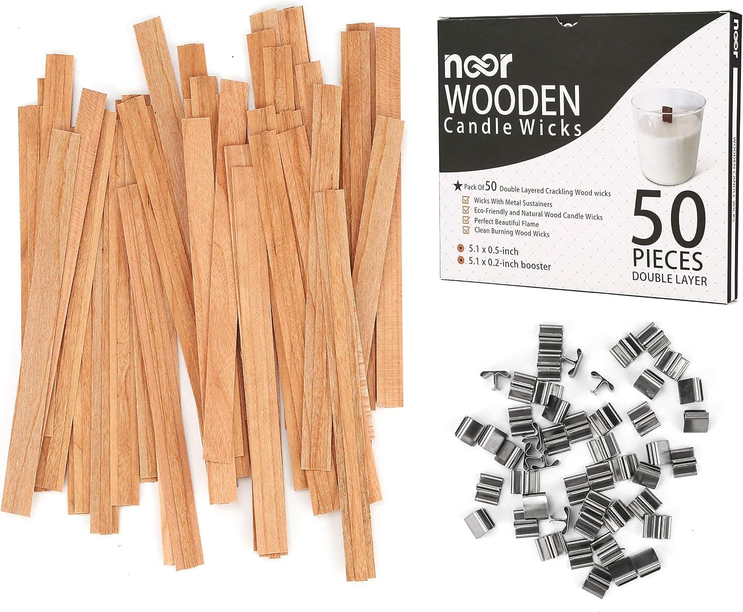 NOOR 50 Wooden Wicks for Candle Making - Double Layer Crackling Wood Wicks with Metal Clips, Smokeless