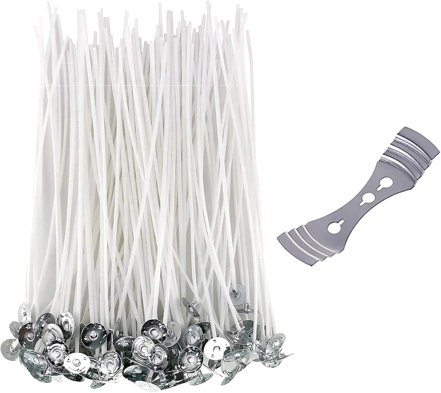 Candle Wicks with Metal Candle Wick Centering Device, 100 Pieces 8 Inch Natural Cotton Pre-Waxed Wicks