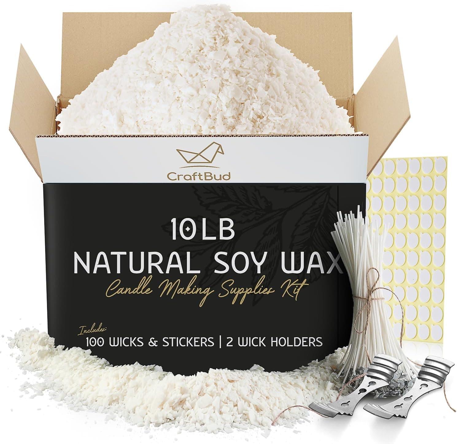CraftBud Soy Candle Wax for Candle Making - 10 lb Bag Soy Wax Flakes with 100 Candle Wicks and Wick Stickers