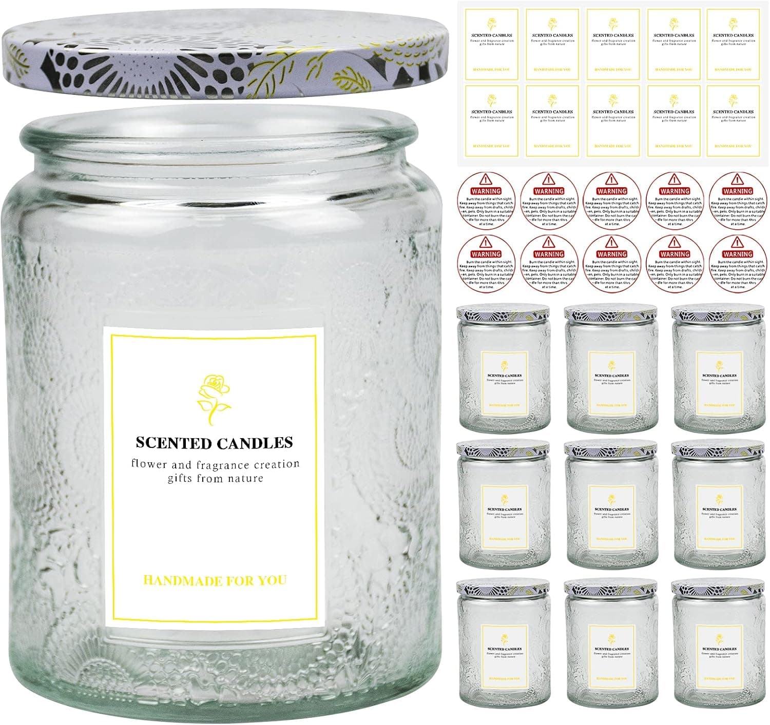 8.8OZ, 9 Pack Embossed Candle Jars for Making Candles, Clear Empty Glass Containers with Tin Lids and Sticker Label, Warning Label for Candle Making Candle DIY Craft