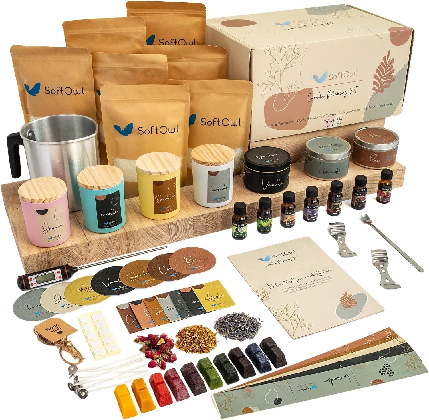 SoftOwl Premium Soy Candle Making Kit - Full Set - Soy Wax, Big 7oz Jars and Tins, 7 Pleasant Scents, Color Dyes and More