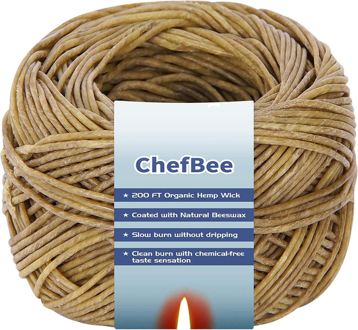CHEFBEE 200 FT Organic Hemp Wick, Well Coated Natural Beeswax for Hemp Wick Lighter or Candle Making, Standard Size 1.1mm