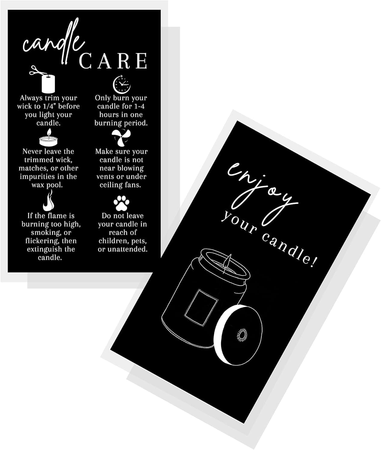 Crafters Cup Handmade Candle Care Instruction Card, 50 Pack, for Handmade Candle Makers Soy Bees Wax Coconut Essential Oils, Black with White, 3.5 x 2 inches