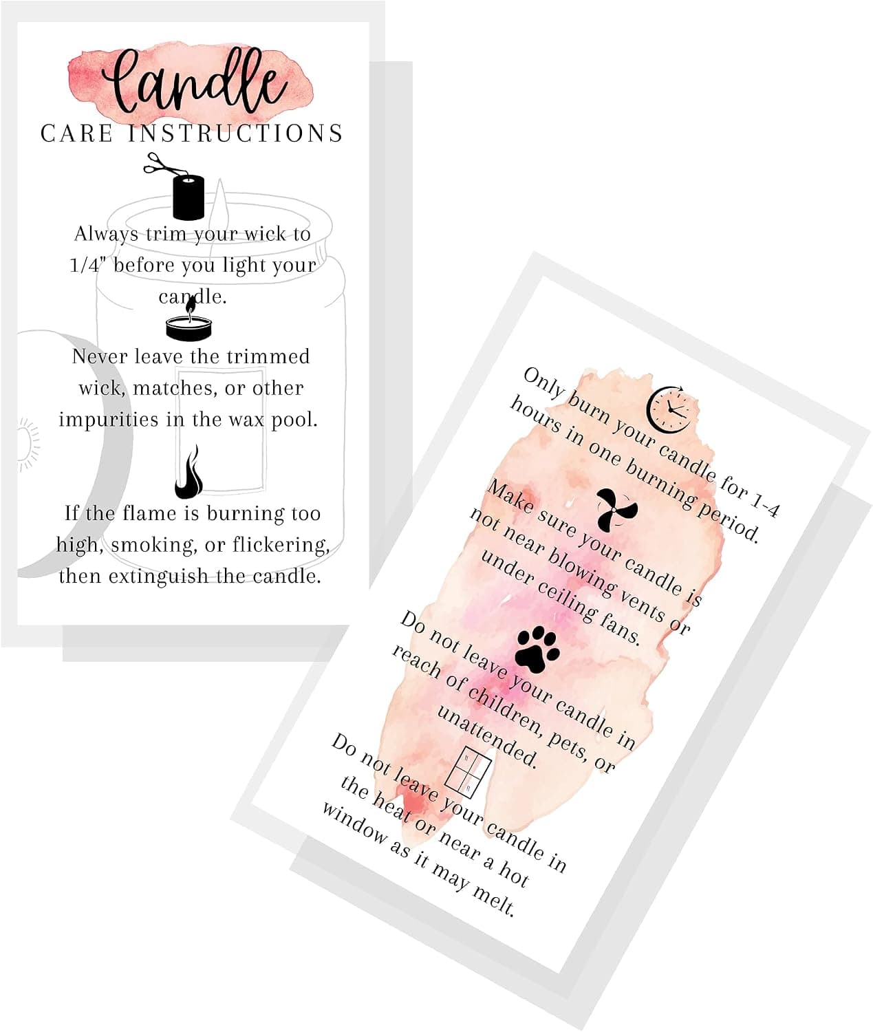 Handmade Candle Care Instruction Card, 50 Pack, for Handmade Candle Makers Soy Bees Wax Coconut Essential Oils, White and Watercolor Card