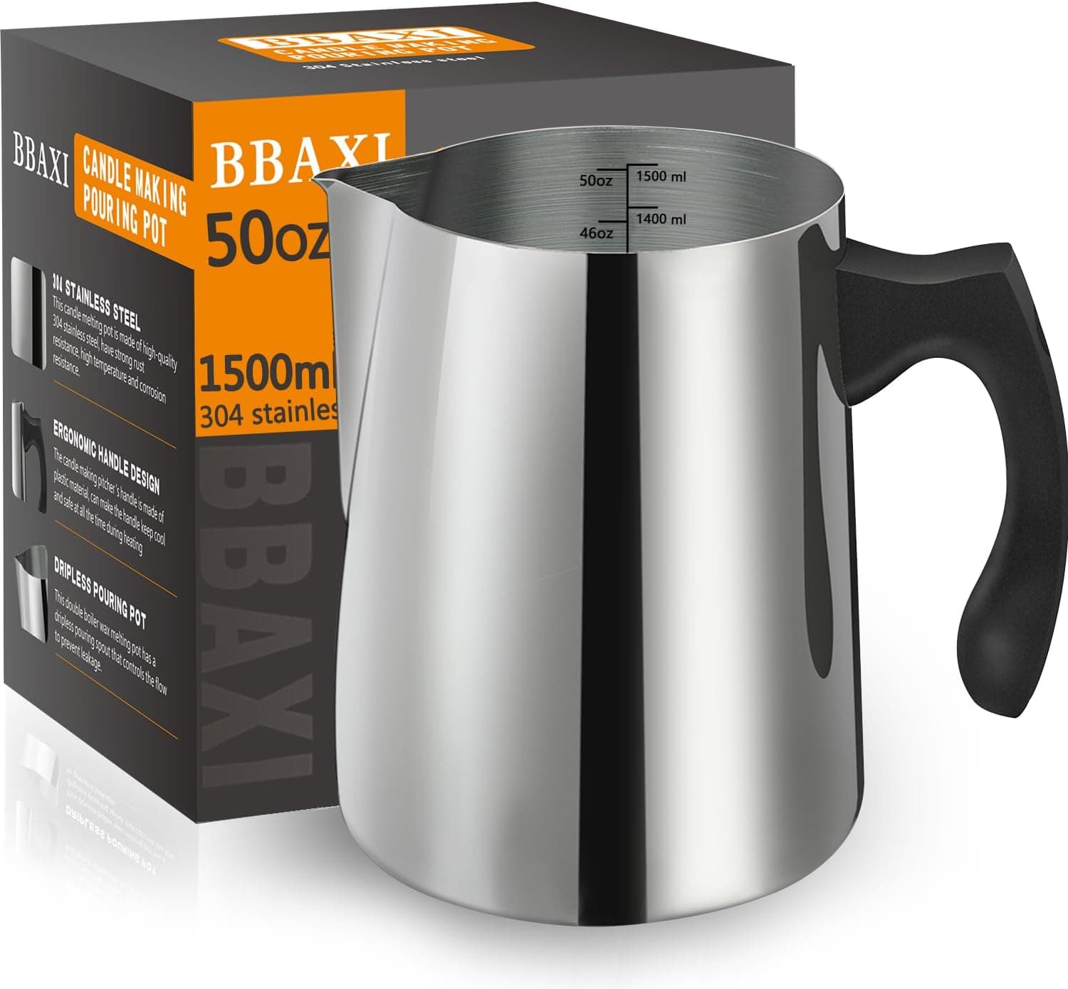 BBAXI Candle Making Pouring Pot, 1500 ML/50 OZ 304 Stainless Steel Candle Making Pitcher with Heat-Resistant Handle