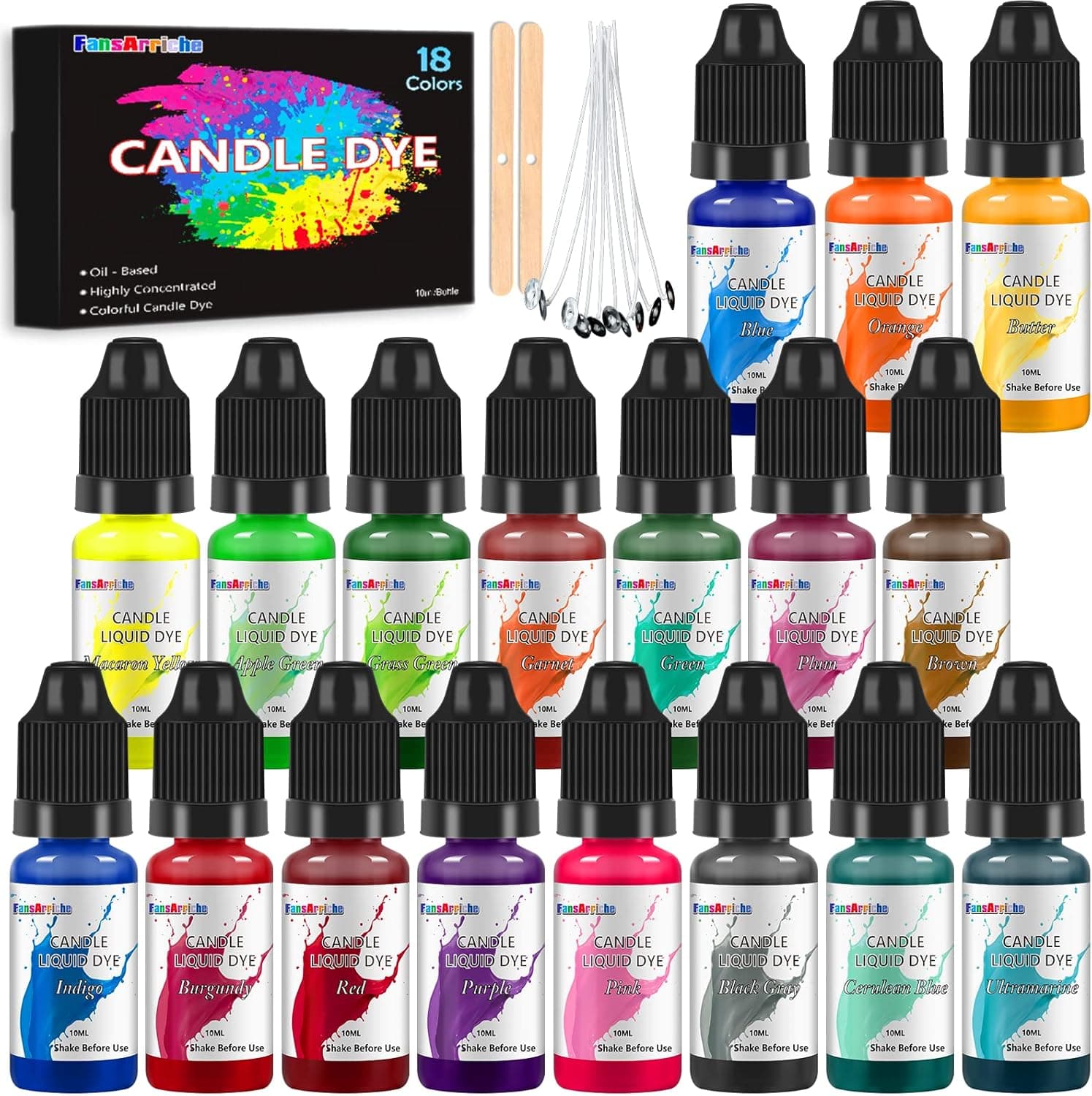 FansArriche Candle Dye - 18 Colors Liquid Oil-Based Dye for Candle Wax - Highly Concentrated, Natural Candle Color for DIY Candle Making