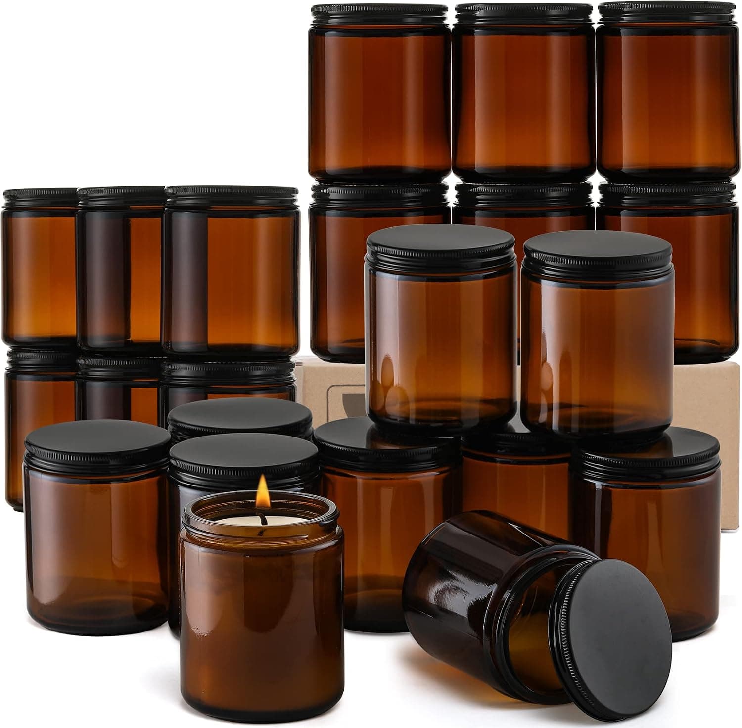 24 Pack 8 OZ Thick Amber Candle Jars for Making Candles, Round Glass Jars with Lids, Leakproof and Food Grade