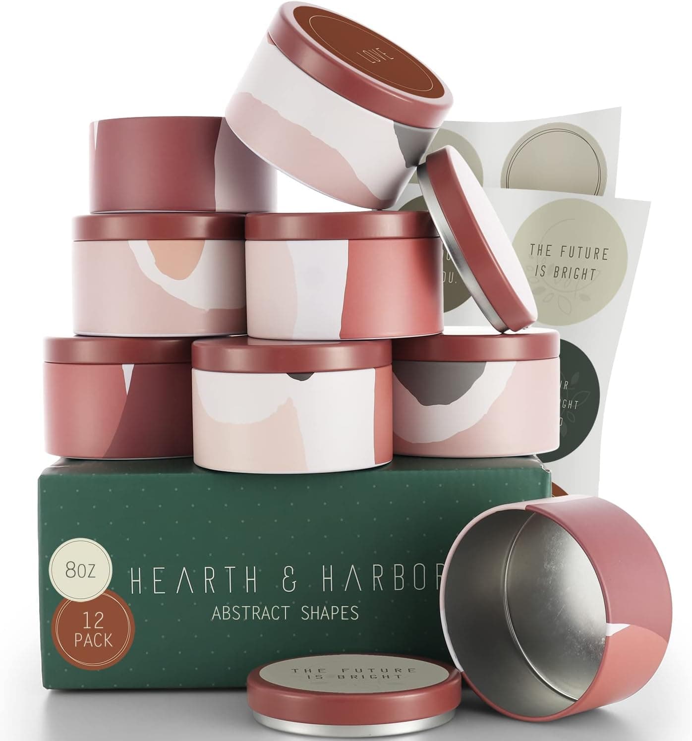 Hearth and Harbor Tin Candle Jars for Making Candles, 12 Pieces 8 Ounces DIY Metal Candle Containers with Lids, Abstract Shapes