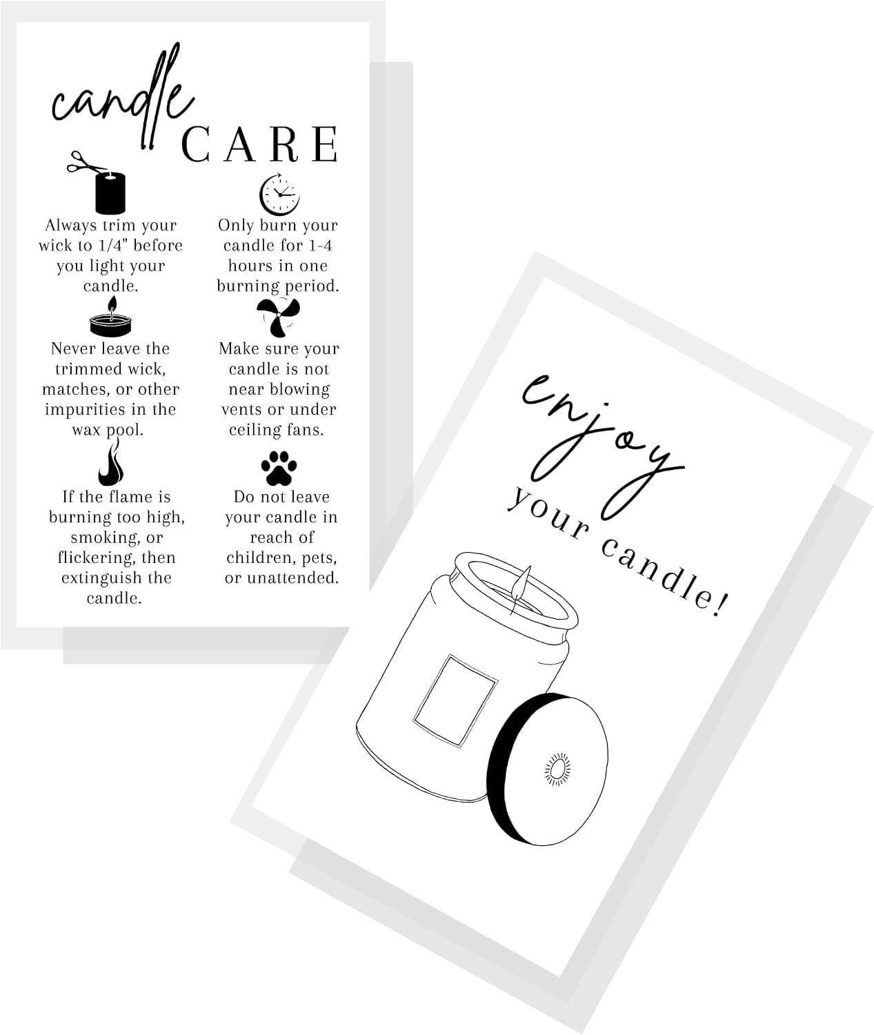 Candle Care Instruction Cards, 50 Pack, 2 x 3.5 inch Business Card, Candle Care Supplies, Black and White Minimalist Plain Soy Small Business
