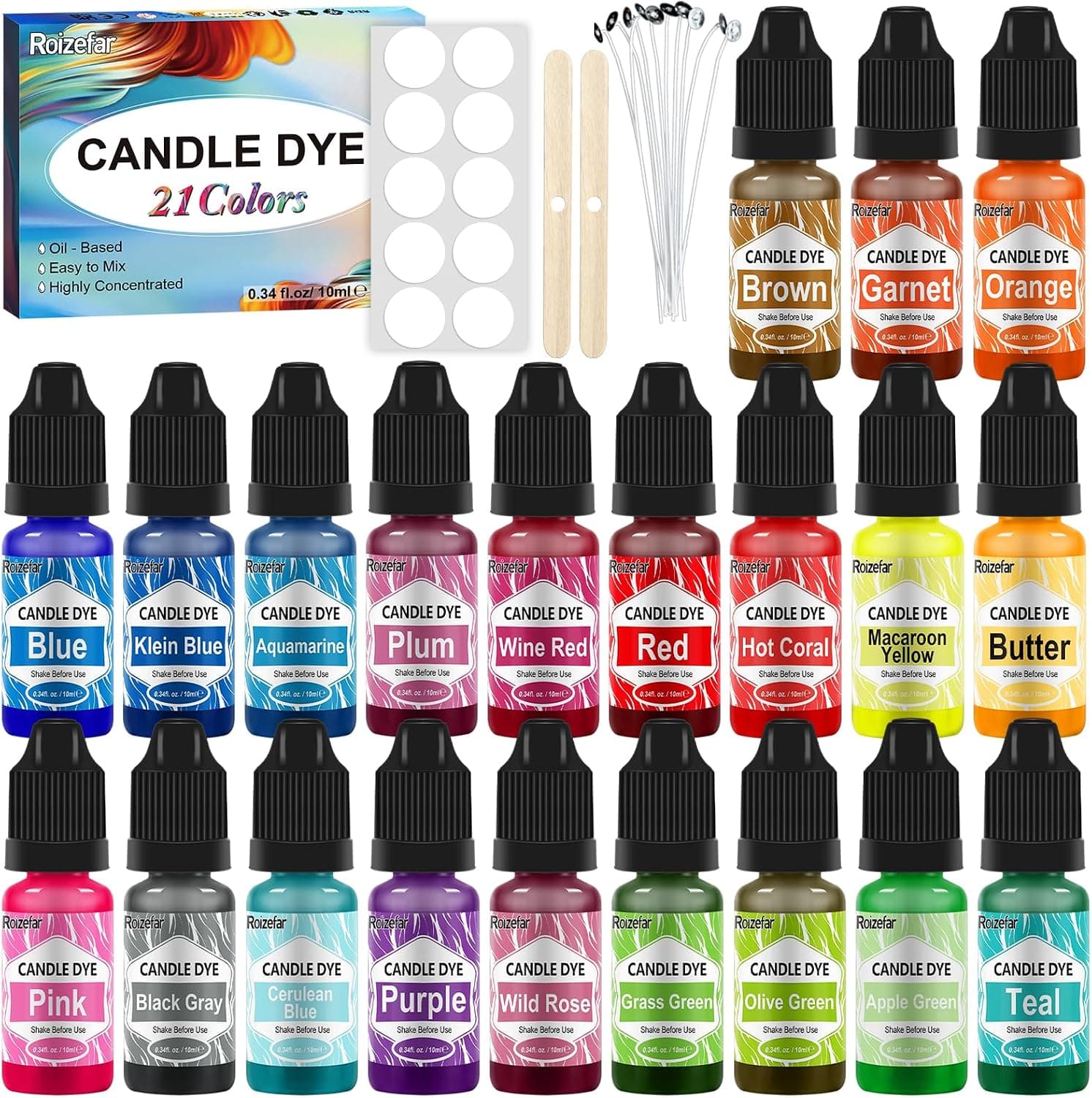Roizefar Liquid Candle Dye - 21 Colors, 0.34 fl oz Each - Oil-Based, Highly Concentrated, Wax Melt Dye, Candle Color Dyes for Candle Making