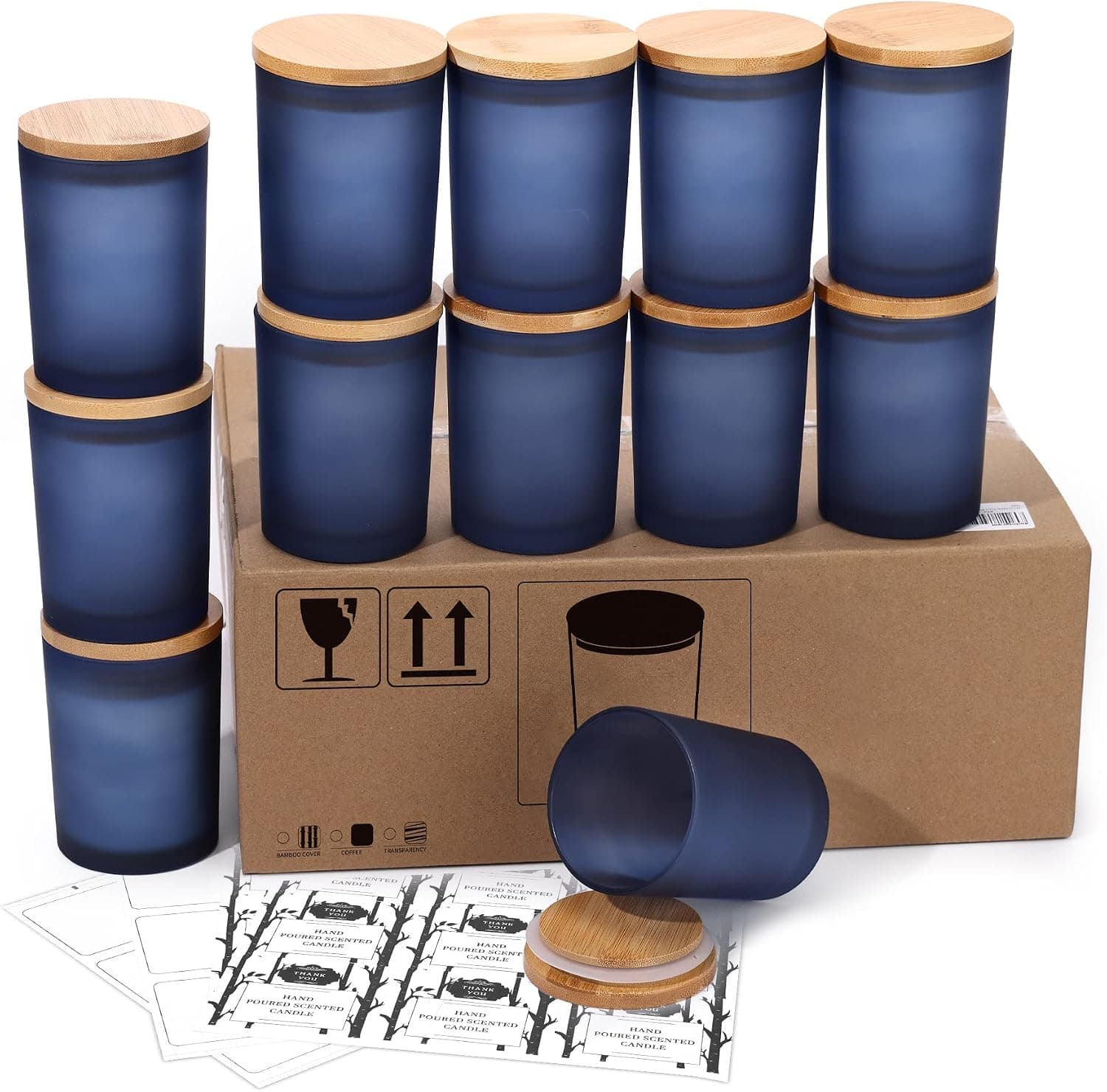 Aminigram 12 Pack 10 oz Navy Blue Candle Jars with Bamboo Lids and Sticky Labels for Making Candles