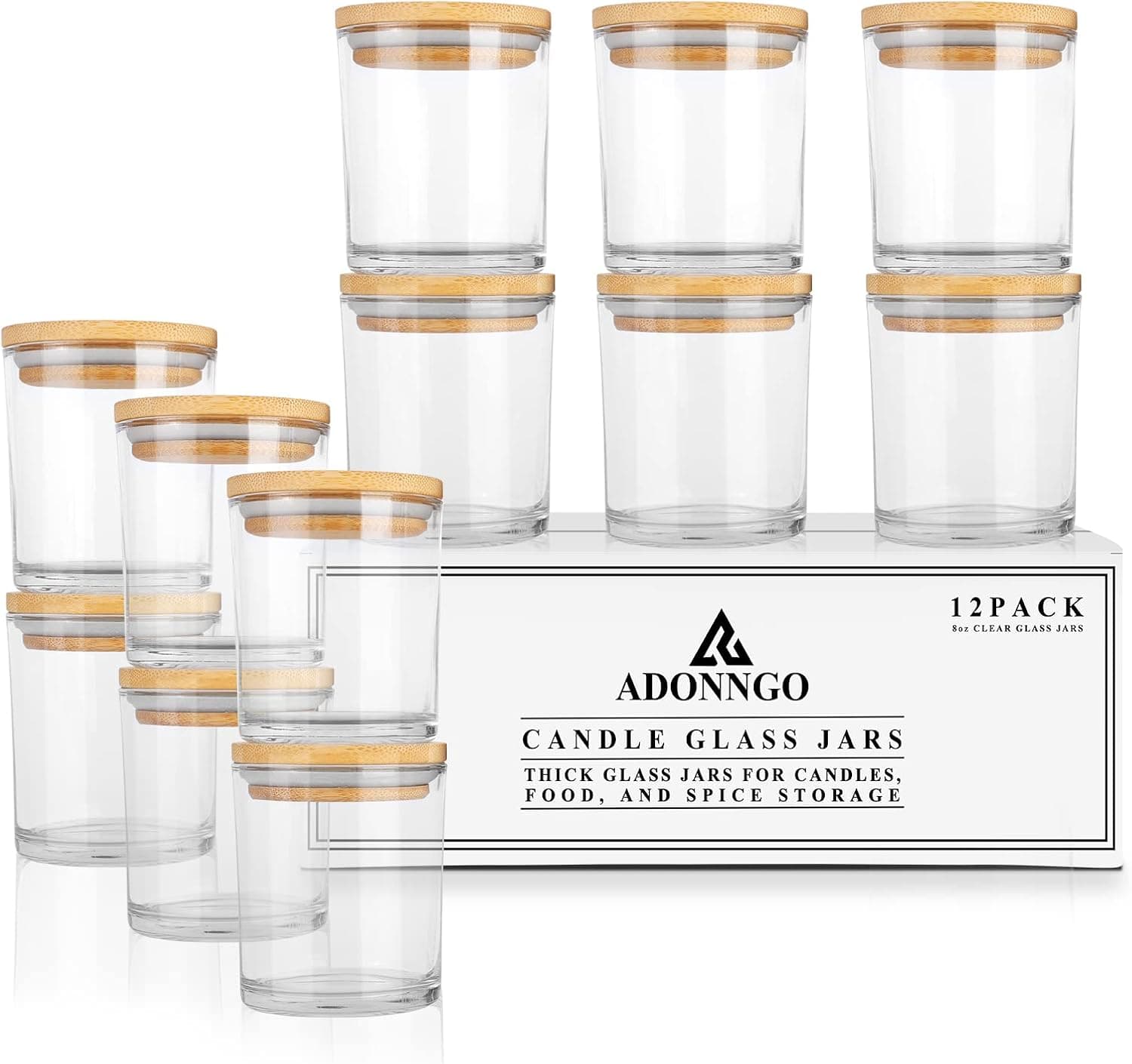 Adonngo Candle Glass Jars, 7oz Clear Candle Jars for Making Candles with Bamboo Lids, 12 Pack