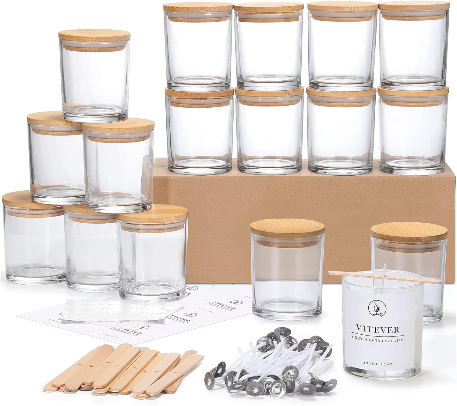 VITEVER 16 Pack 10 OZ Thick Glass Candle Jars with Bamboo Lids and Candle Wick Kit, Bulk Clear Empty Jars
