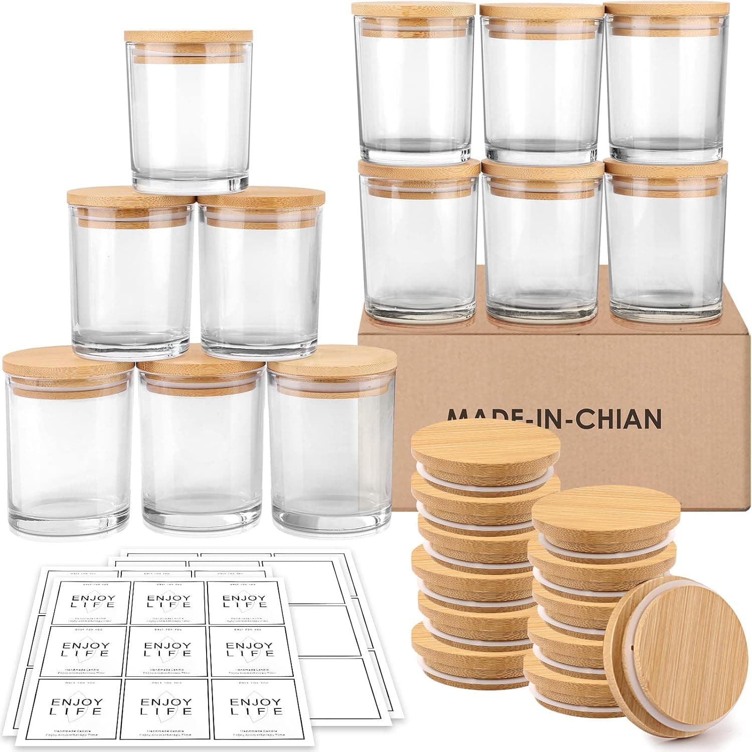 GOTIDEAL 12 Pack 9 OZ Clear Glass Jars with Bamboo Lids, Bulk Empty Candle Containers for Making Candles and Soy Wax