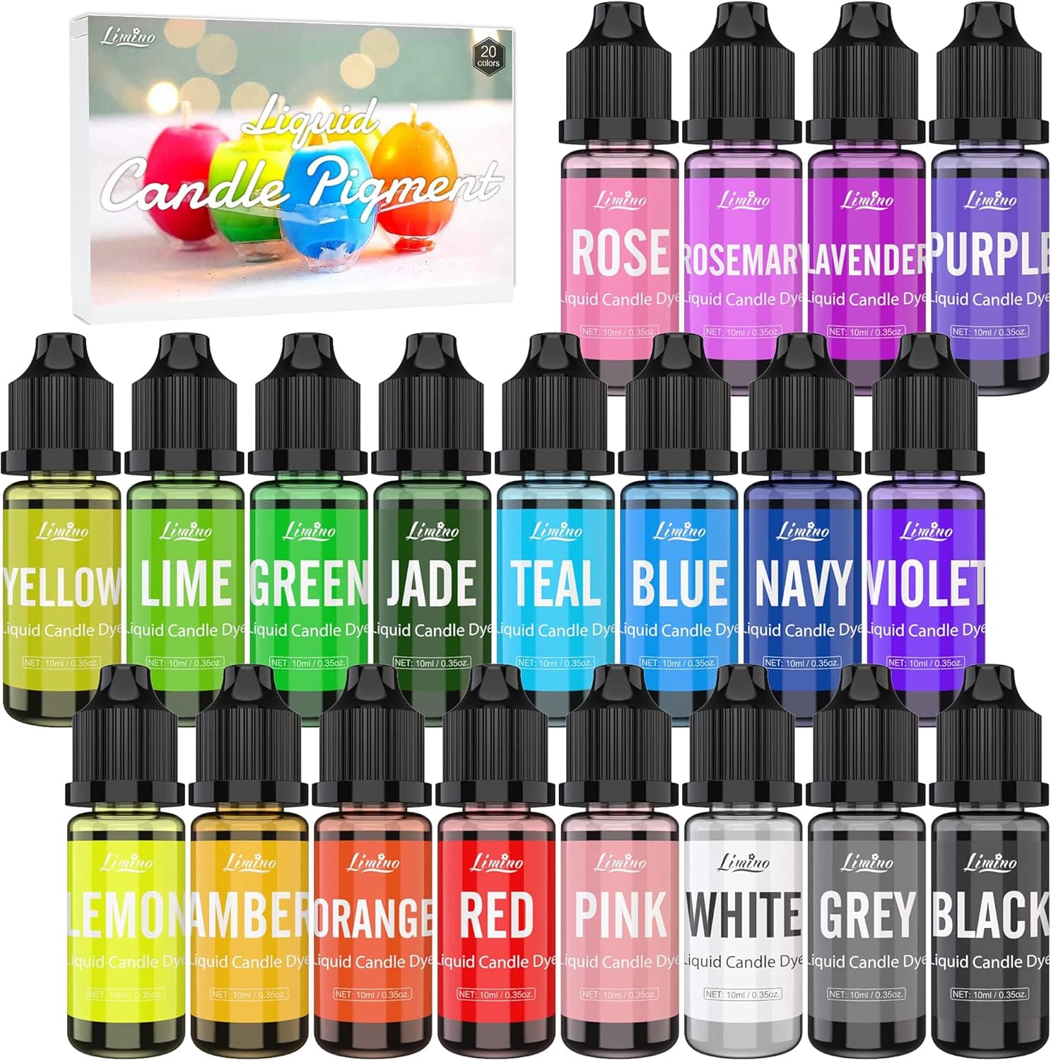 Candle Dye - 20 Color Liquid Wax Dye for DIY Making, High Concentration Color for Soy, Gel, Paraffin Wax - 10ml Each