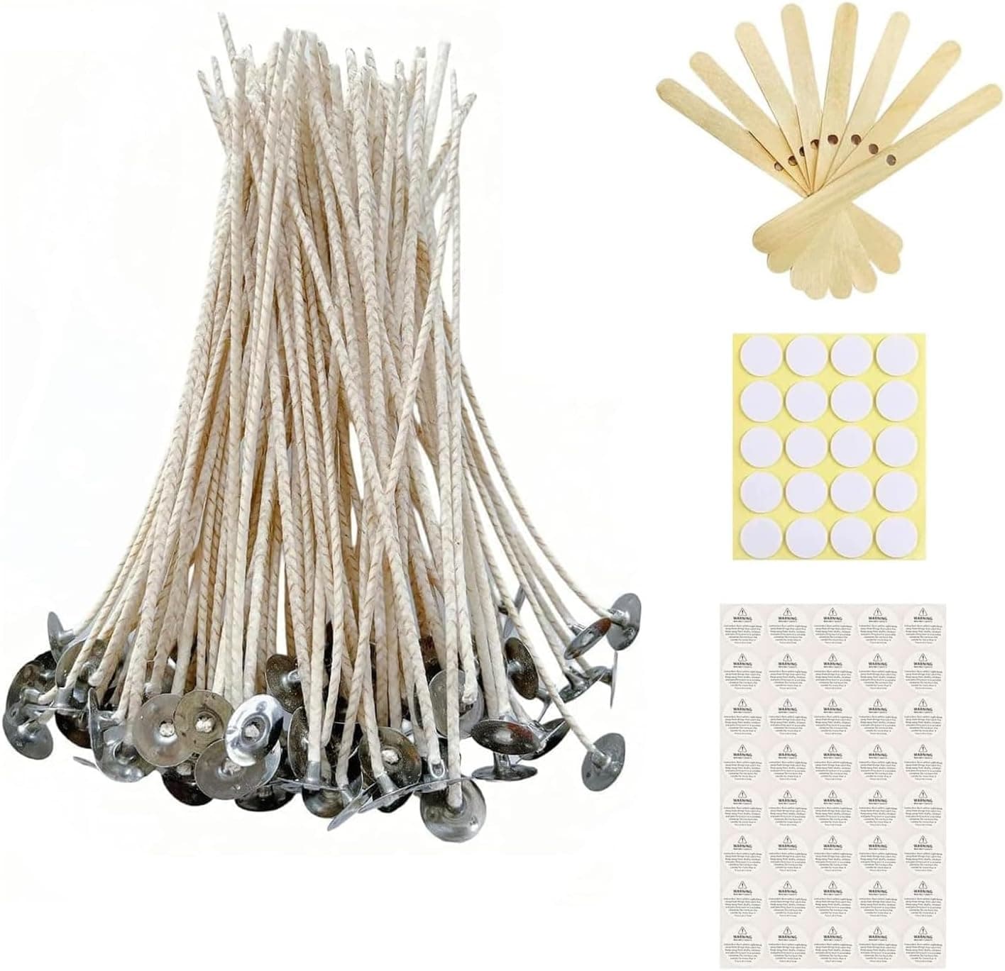 100 pcs 6 Inch ECO Candle Wicks Coated with Natural Soy Wax, Low Smoke, with 20 Wick Stickers and Centering Device