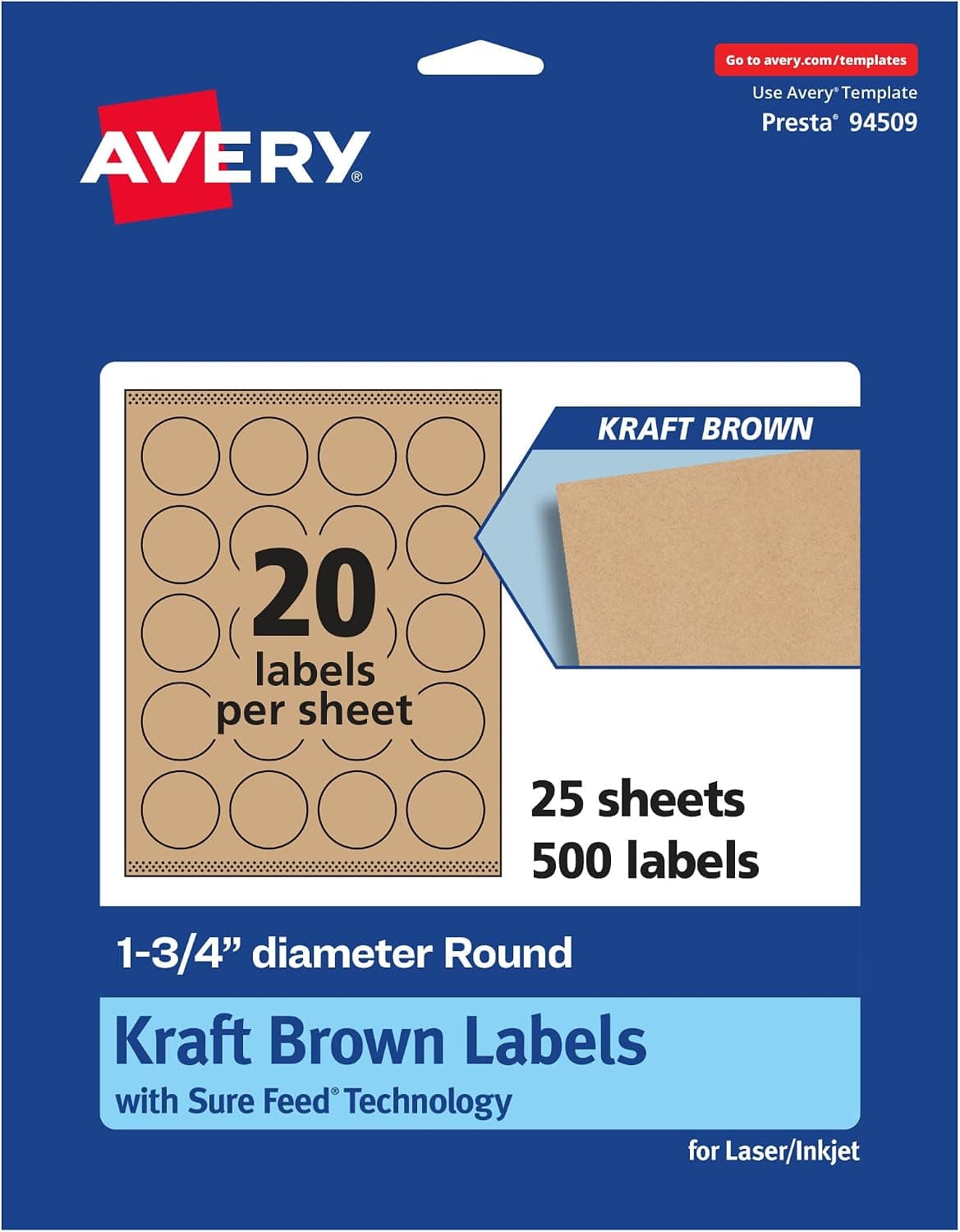 Avery Kraft Brown Round Labels, Sure Feed Technology, 1.75 in Diameter, 500 Kraft Brown Labels, Print-to-the-Edge, Laser/Inkjet Printable