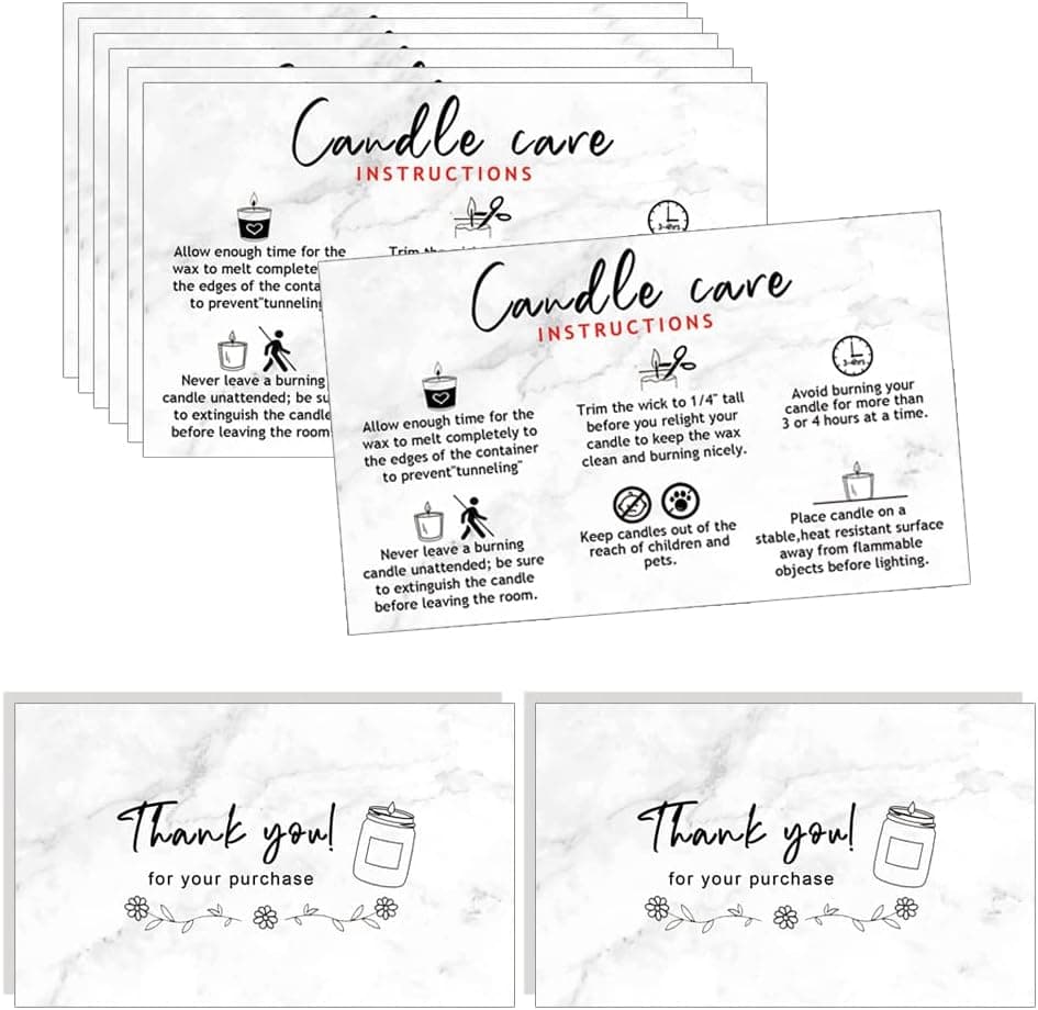Handmade Candle Care Instruction Card, 3.5 x 2 inches for Handmade Candle Makers Soy Bees Wax Coconut Essential Oils, 50 Pack (Marble Look Design)