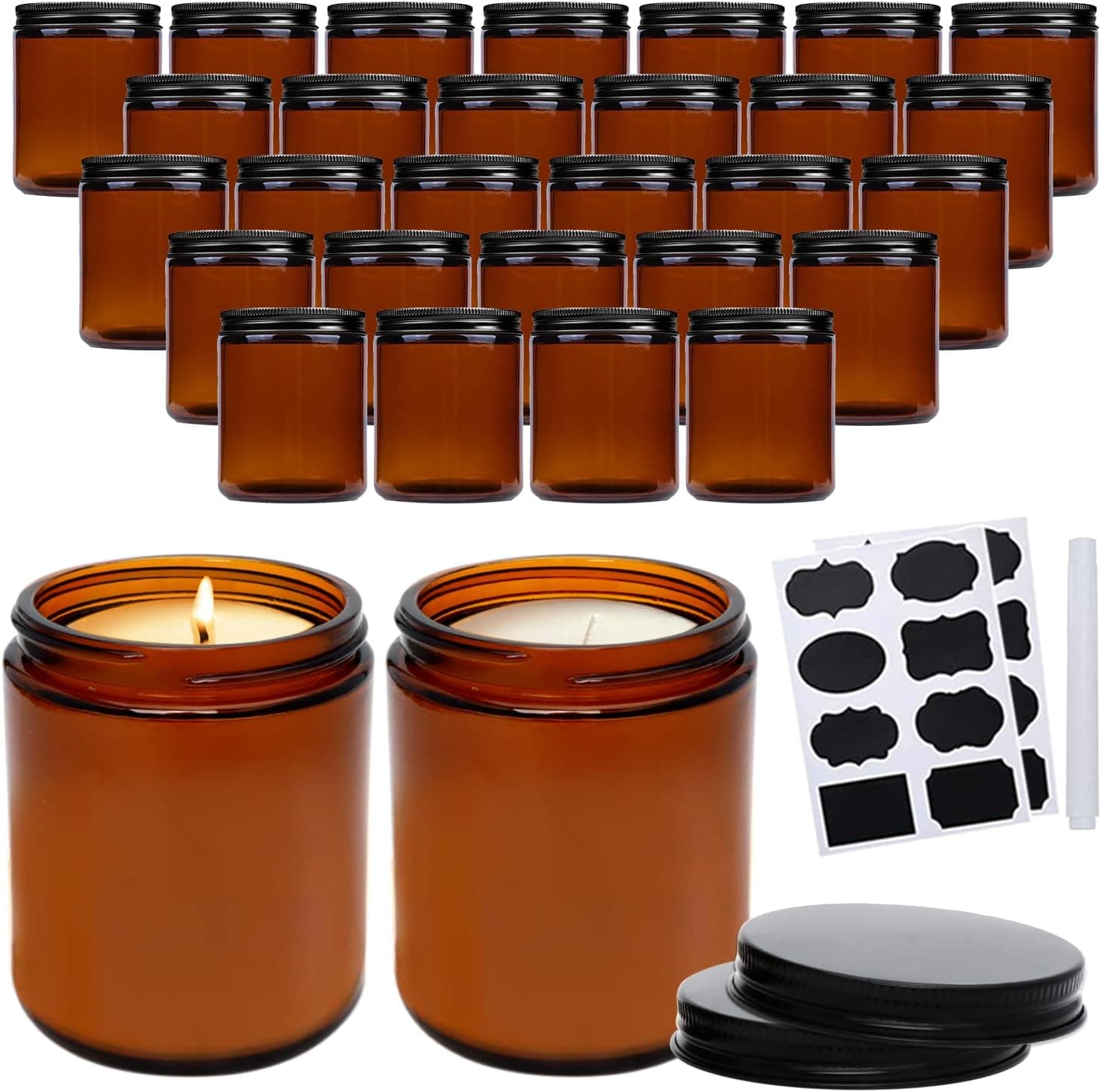 QAPPDA 8oz Amber Candle Jars Set of 30, Round Glass Jars with Black Lids, Empty 250ml Candle Making Jars Bulk