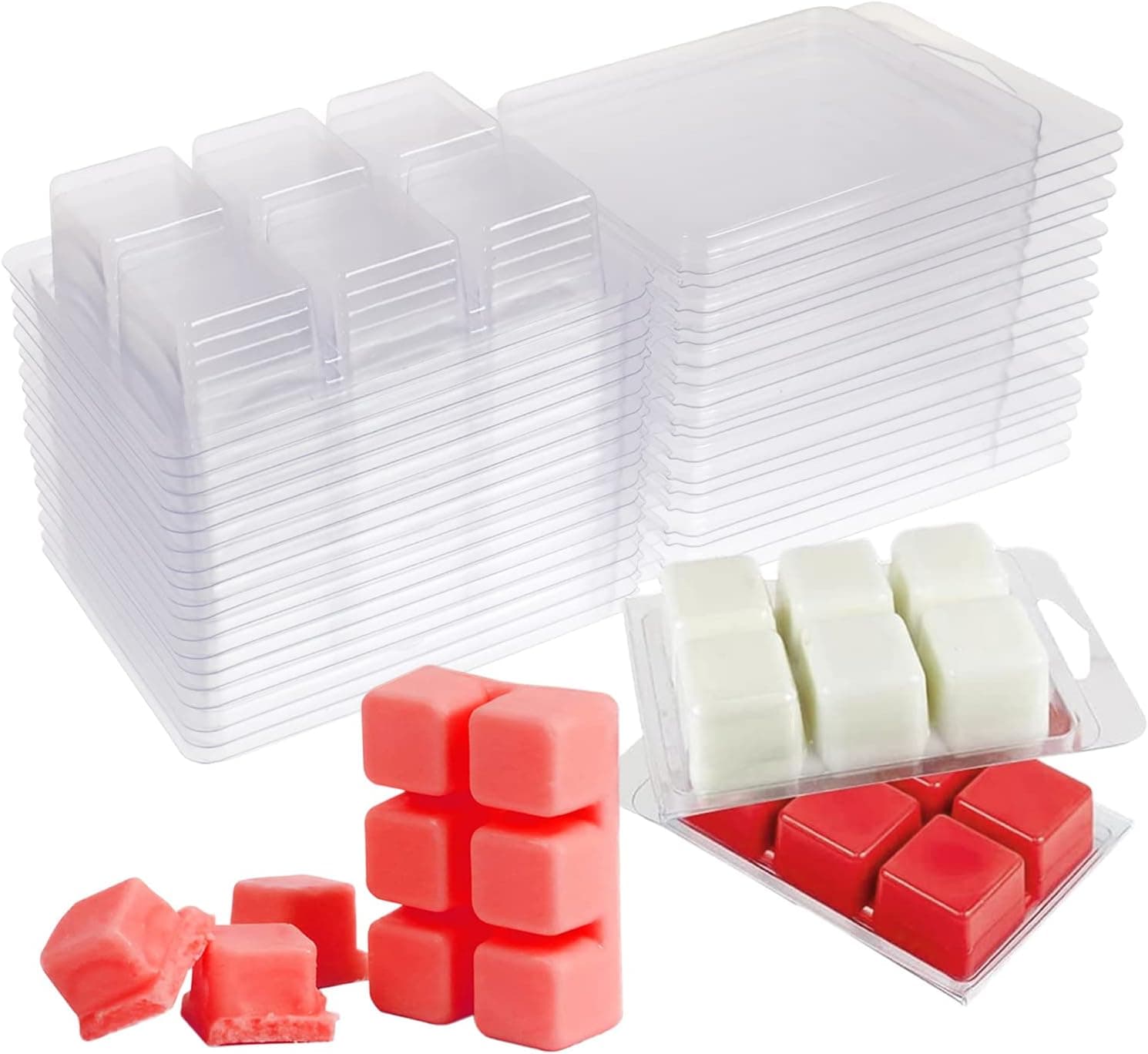 DGQ Wax Melt Molds, 100 Packs 6 Cavity Cubes Clamshells Clear Empty Plastic Cube Tray for Wickless Tarts
