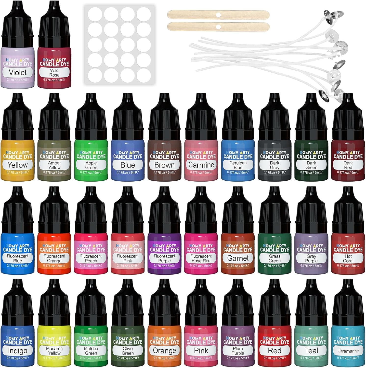 HOMY ARTY Candle Dye - 32 Colors Candle Wax Dyes, Highly Concentrated Candle Color Dye, Oil-Based Liquid Candle Dye for Soy Wax, Candle Making - 5ml Each