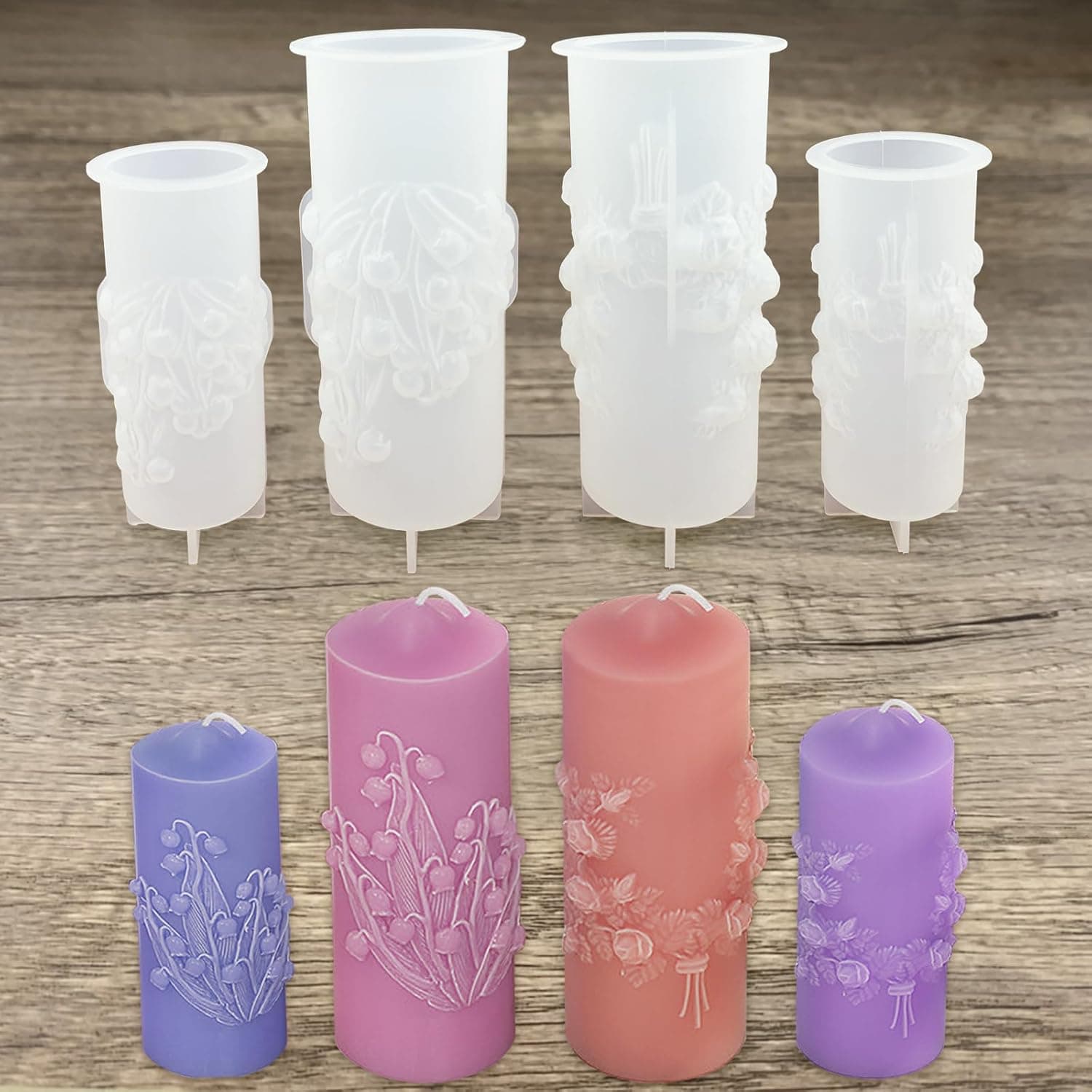 PRETTYLIFE Flower Pillar Candle Molds 4pcs Rose Lily of The Valley Cylinder Silicone Molds for Candle Making Soaps Resin Clay Decoration Crafts DIY