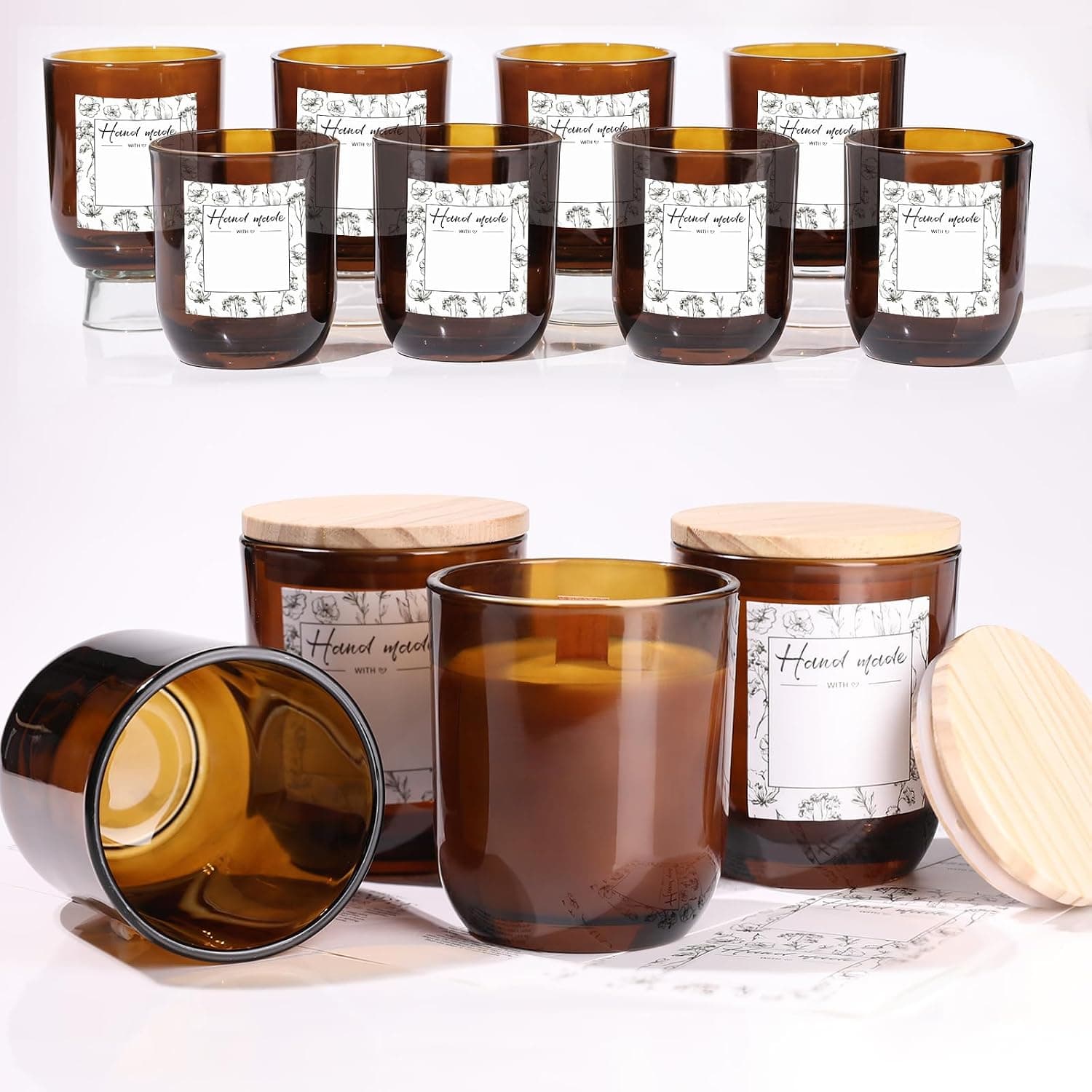 LETINE 12PCS 8oz Amber Glass Candle Jars with Lids, Airtight Candle Vessels for Crafts, Storage and Gifts