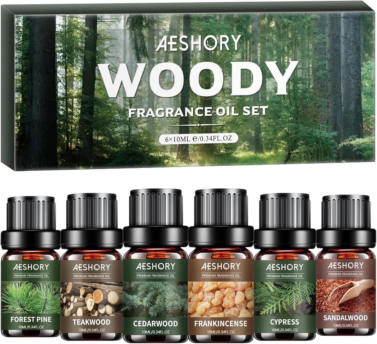 Woody Essential Oils Set - 6x10ML Woody Scents Fragrance Oil for Candle Making, Diffuser - Teakwood, Sandalwood, Cedarwood, Cypress, Forest Pine, Frankincense
