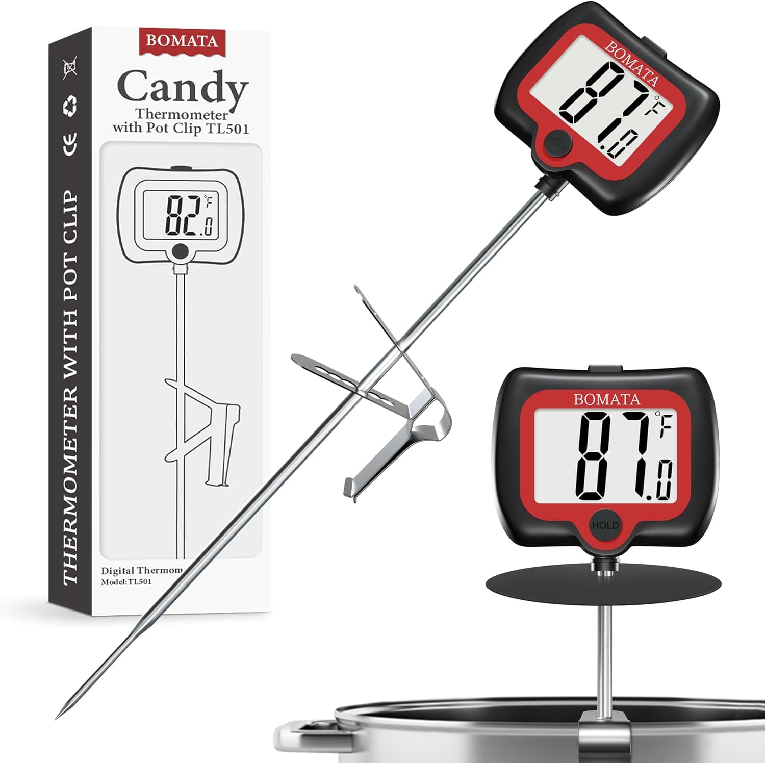 BOMATA Digital Candy Thermometer with Pot Clip, Deep Fry Oil Thermometer with Rotatable Display & Long Probe