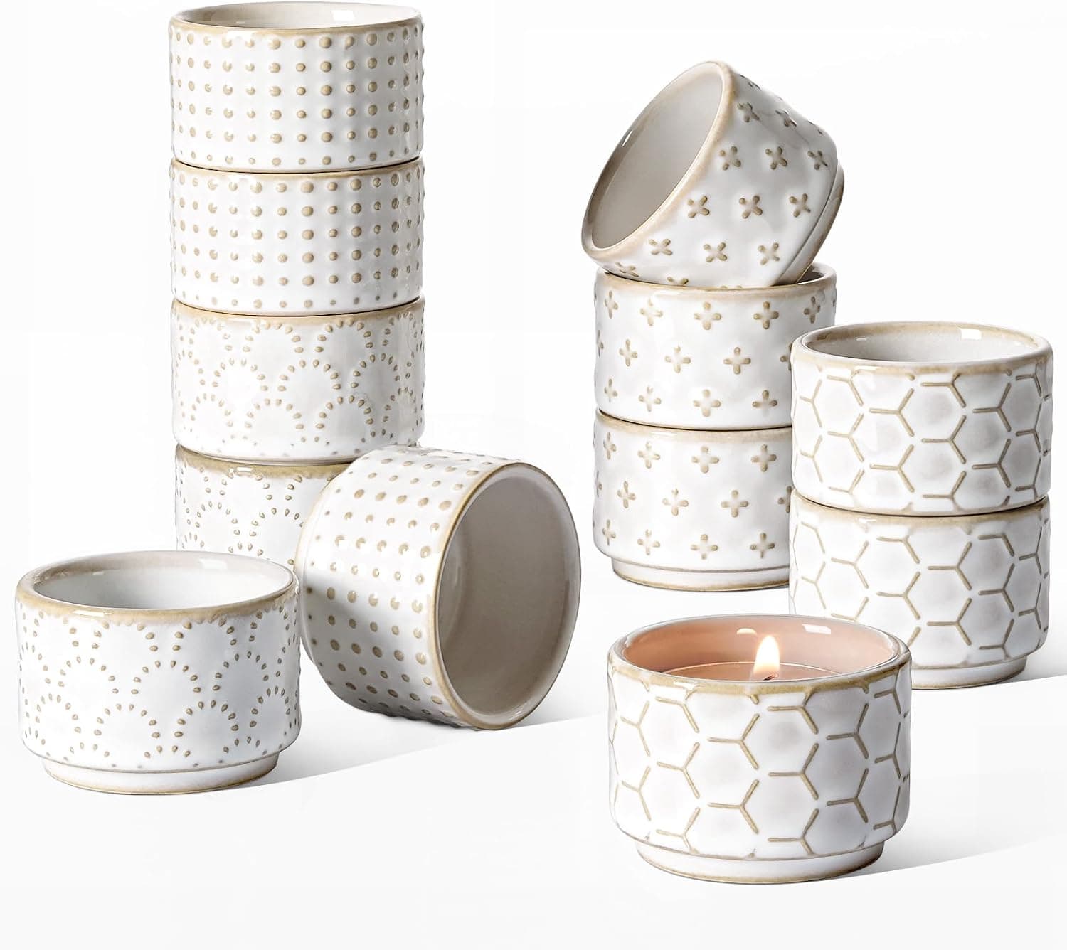 LE TAUCI Tealight Candle Holder, Embossed Ceramic Votive Holders Bulk, Set of 12, Arctic White