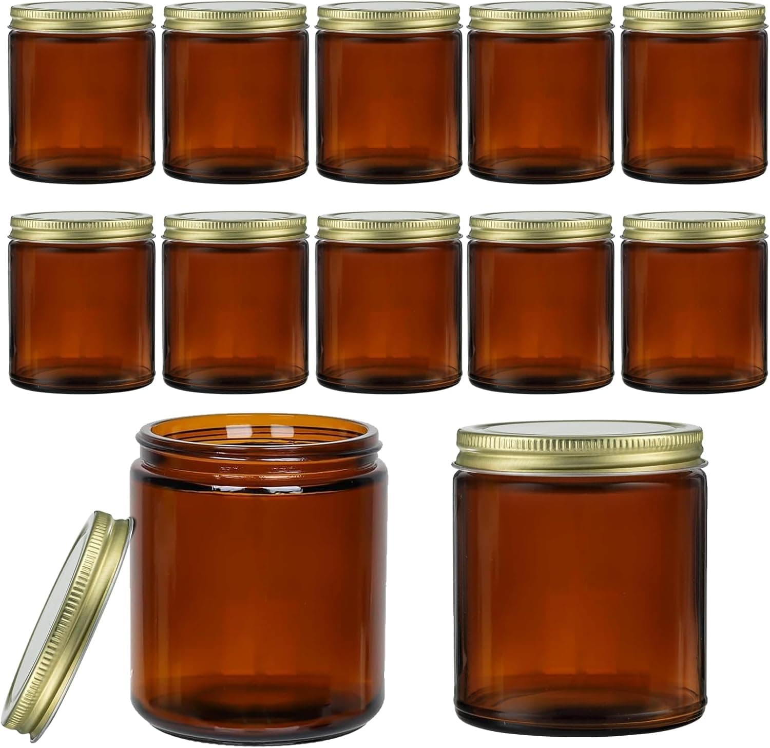 ELAORY 8 Oz Amber Glass Jars with Lids, 12 Pack Small Canning Candle Jars for Making Candles, Leak Proof and Dishwasher Safe