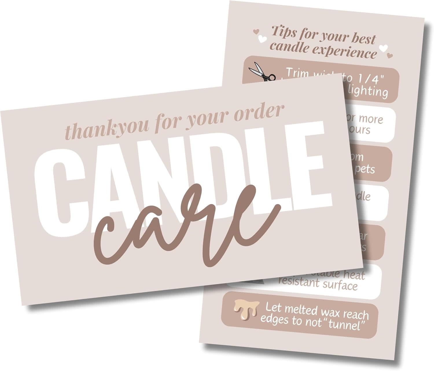 Cute Modern Candle Care Cards for Candle Makers, 2 x 3.5 Inches, High Gloss Full Color Front and Back, 55 Pack, Business Card Size (Tan)