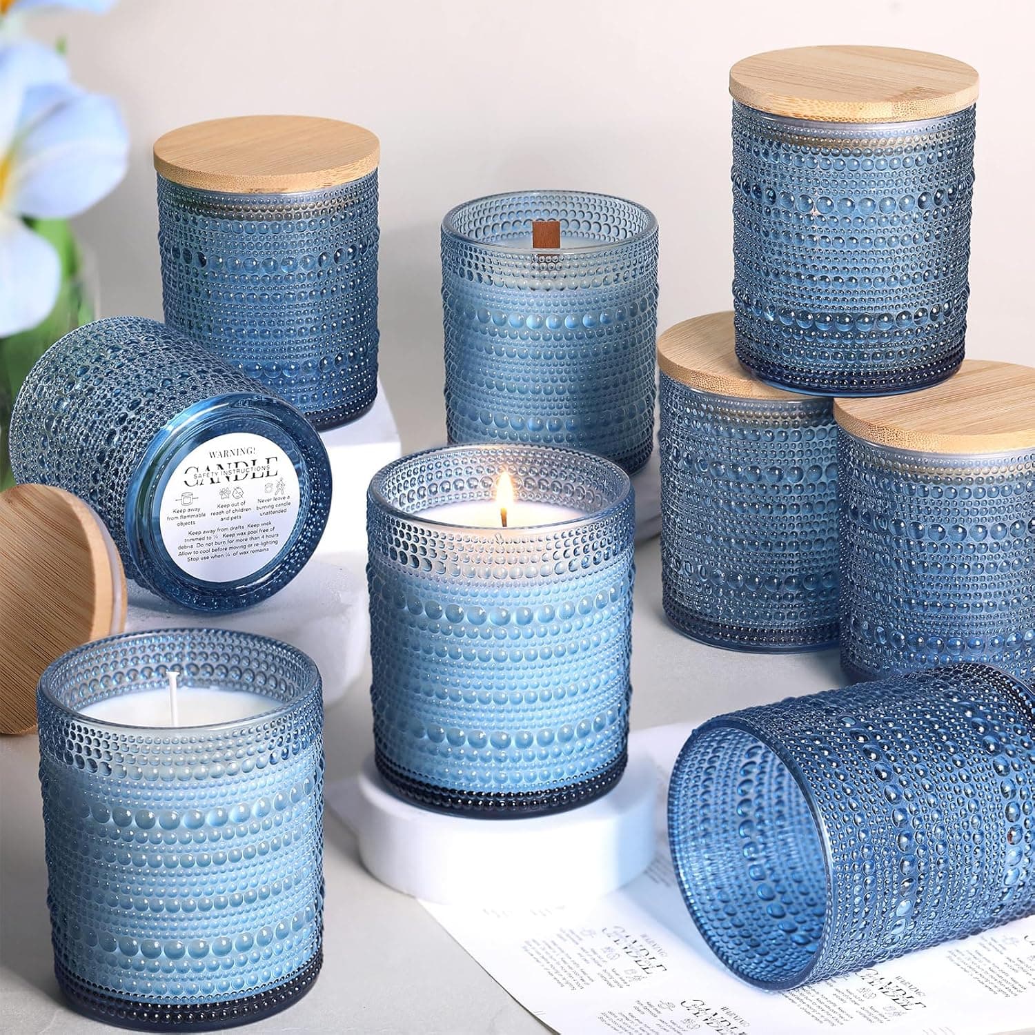 DARJEN 12 Pack Blue Candle Jars for Making Candles, 8 OZ Empty Glass Jars with Bamboo Lids and Labels