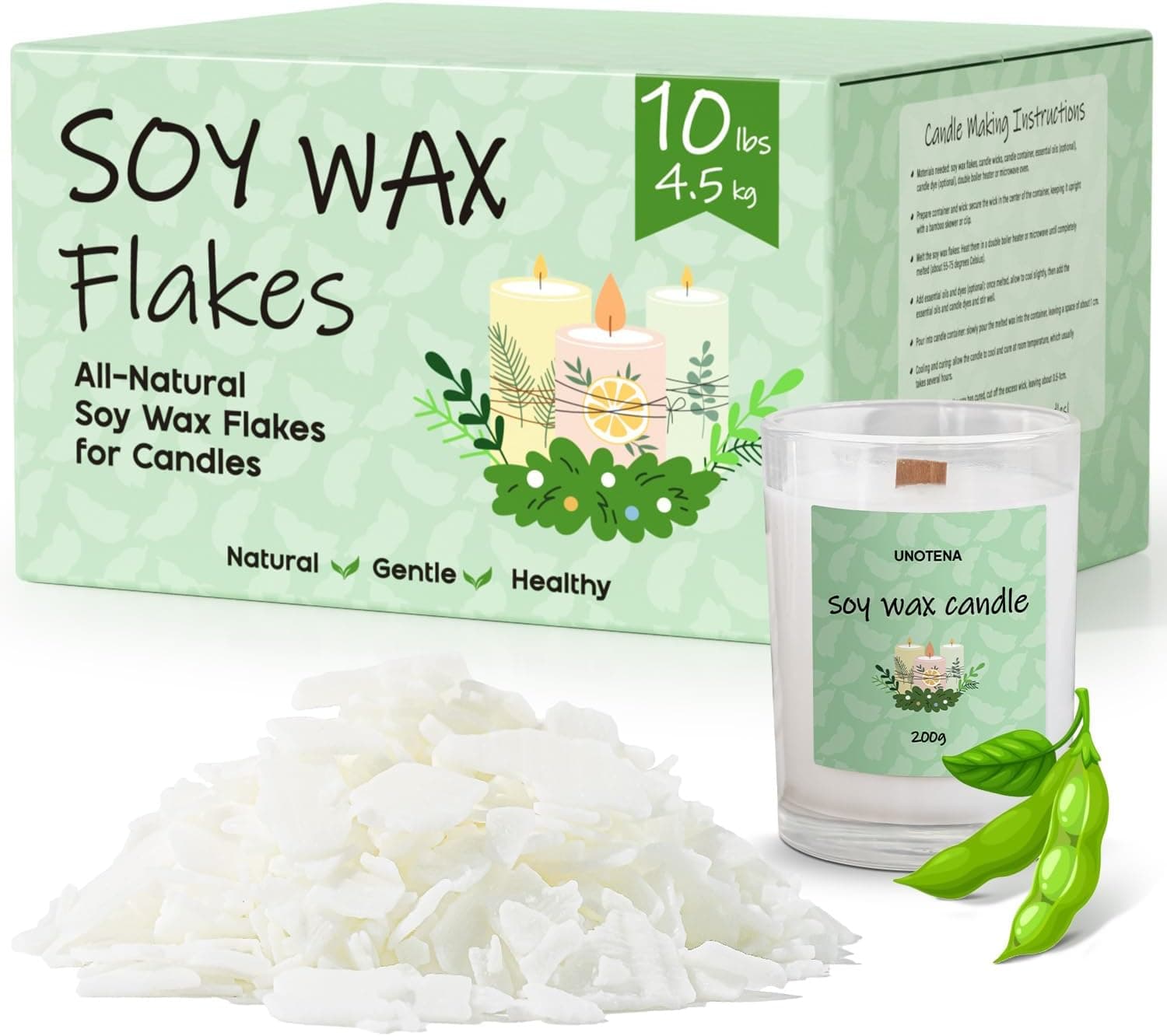 UNOTENA Soy Wax Flakes for Candle Making, Natural Candle Wax, Farm-Sourced, No Additives, 10LB