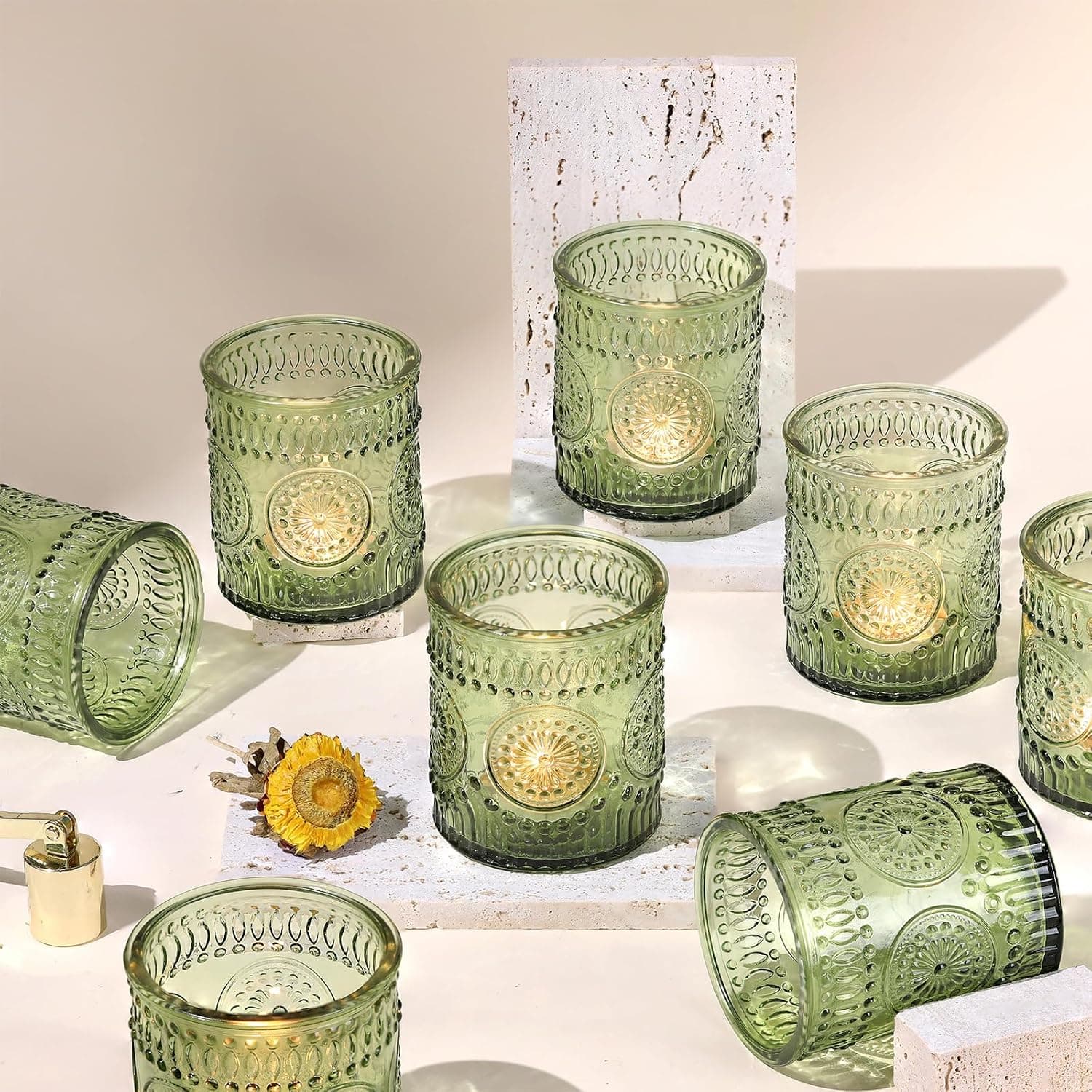 DEVI 8oz Empty Green Embossed Glass Candle Jars for Making Candles Set of 8, Bulk Empty Candle Containers, Glass Tins Making Supplies for Gifts, Wedding Decorations