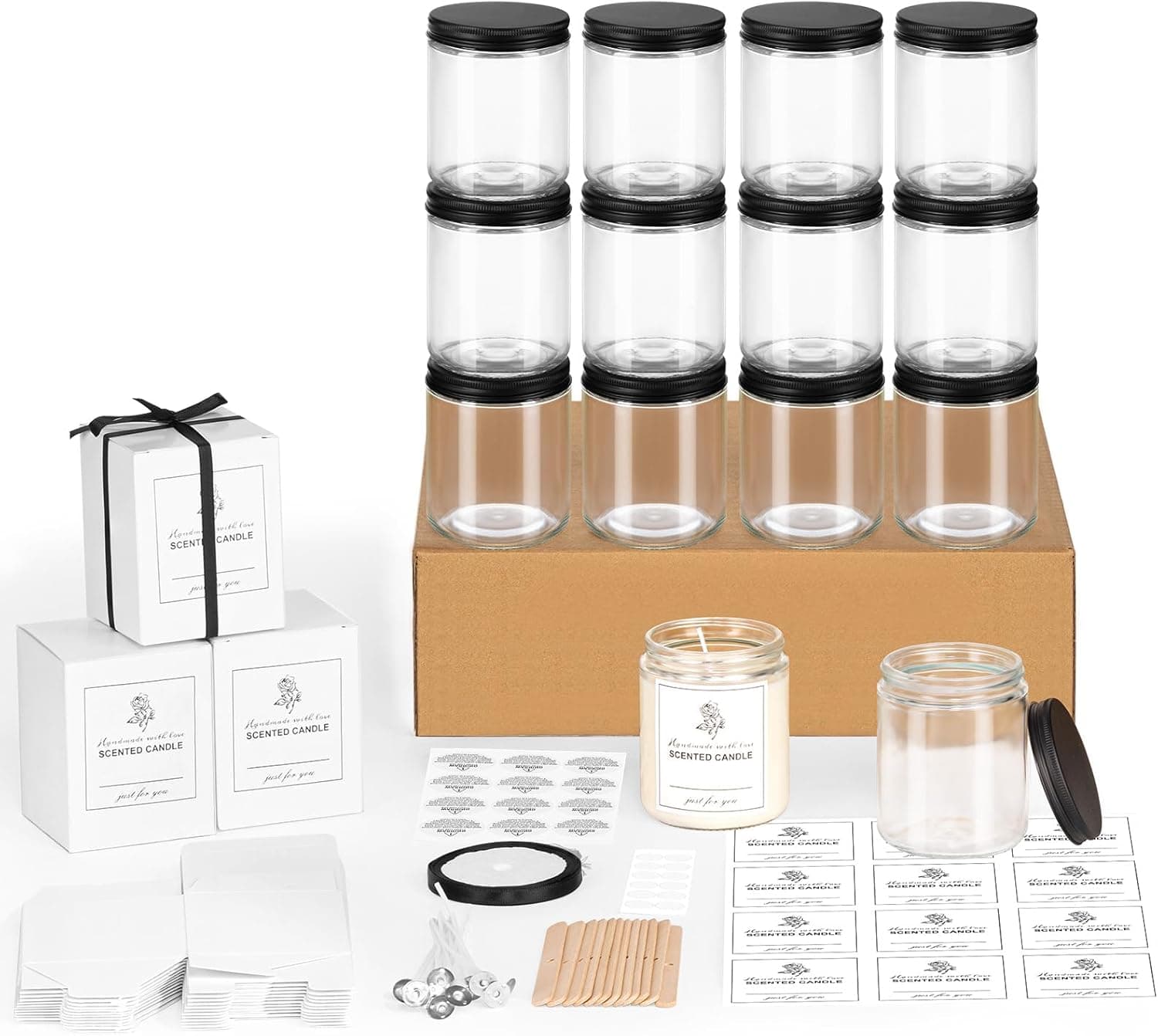 12 Pack 8OZ Glass Jars with Metal Lids, Candle Jars with Candle Making Kits, Labels, Gift Box, Empty Canning Jars