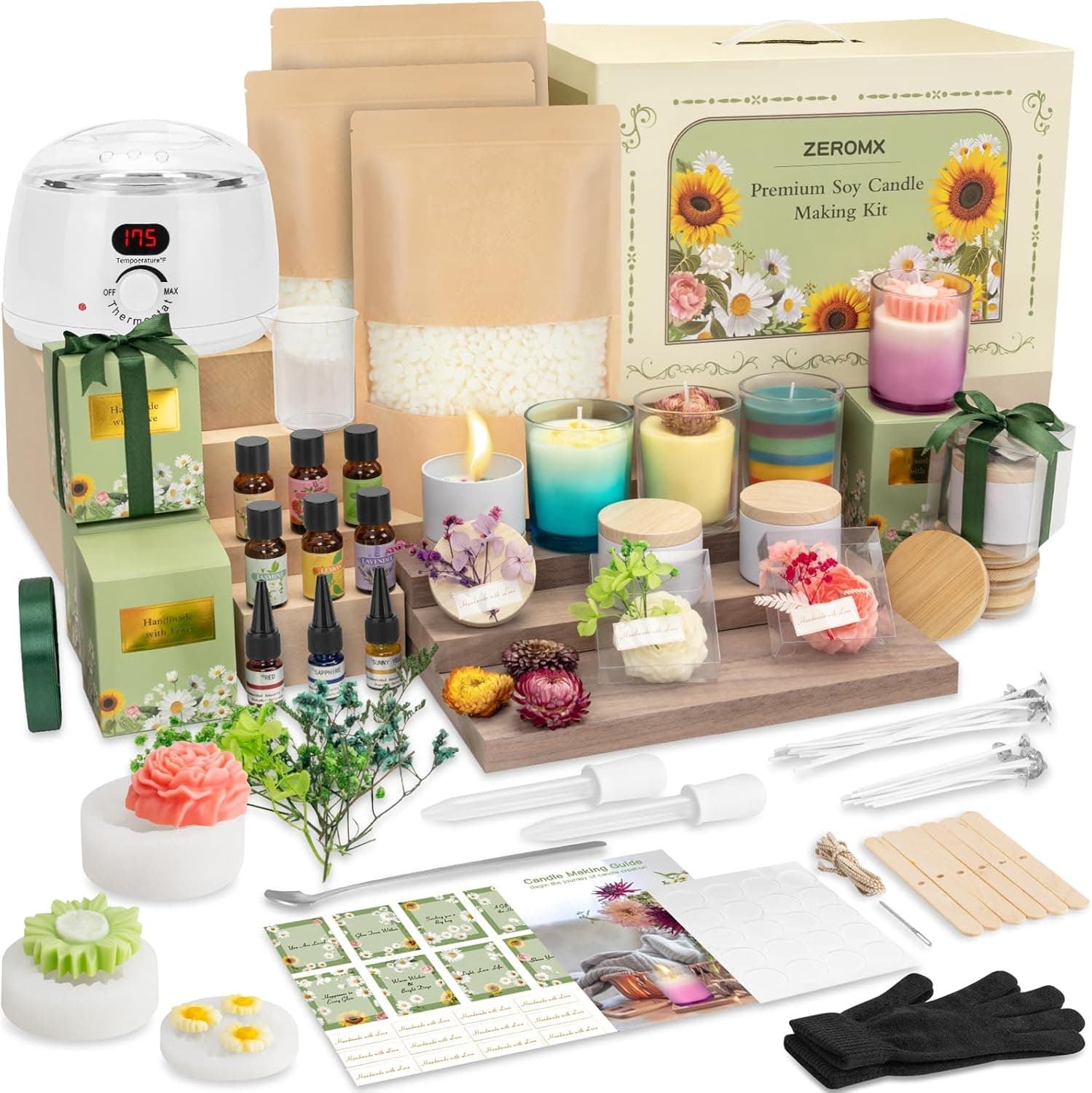 ZEROMX Candle Making Kit for Adults Beginners - 1200g Soy Wax, Digital Wax Melting Pot, Floral Candle Molds, Gift Boxes, Complete DIY Set